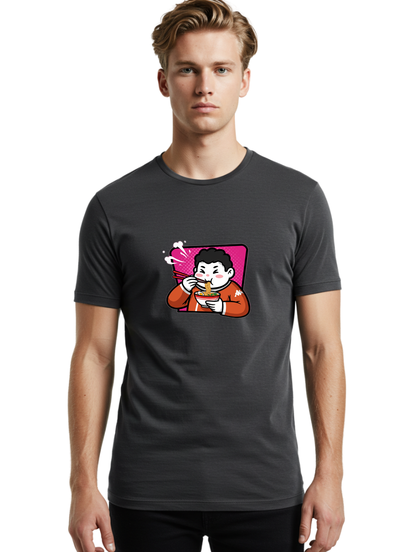 Man-Eating-Ramen Men'S Graphic Tee, 100% Cotton, Comfortable Casual Summer Wear, Machine Washable, Cartoon Boy Eating Ramen, Steaming Hot Noodles, Chopsticks In Action, Kawaii Character, Anime Style, Foodie Culture, Asian Cuisine, Baa966
