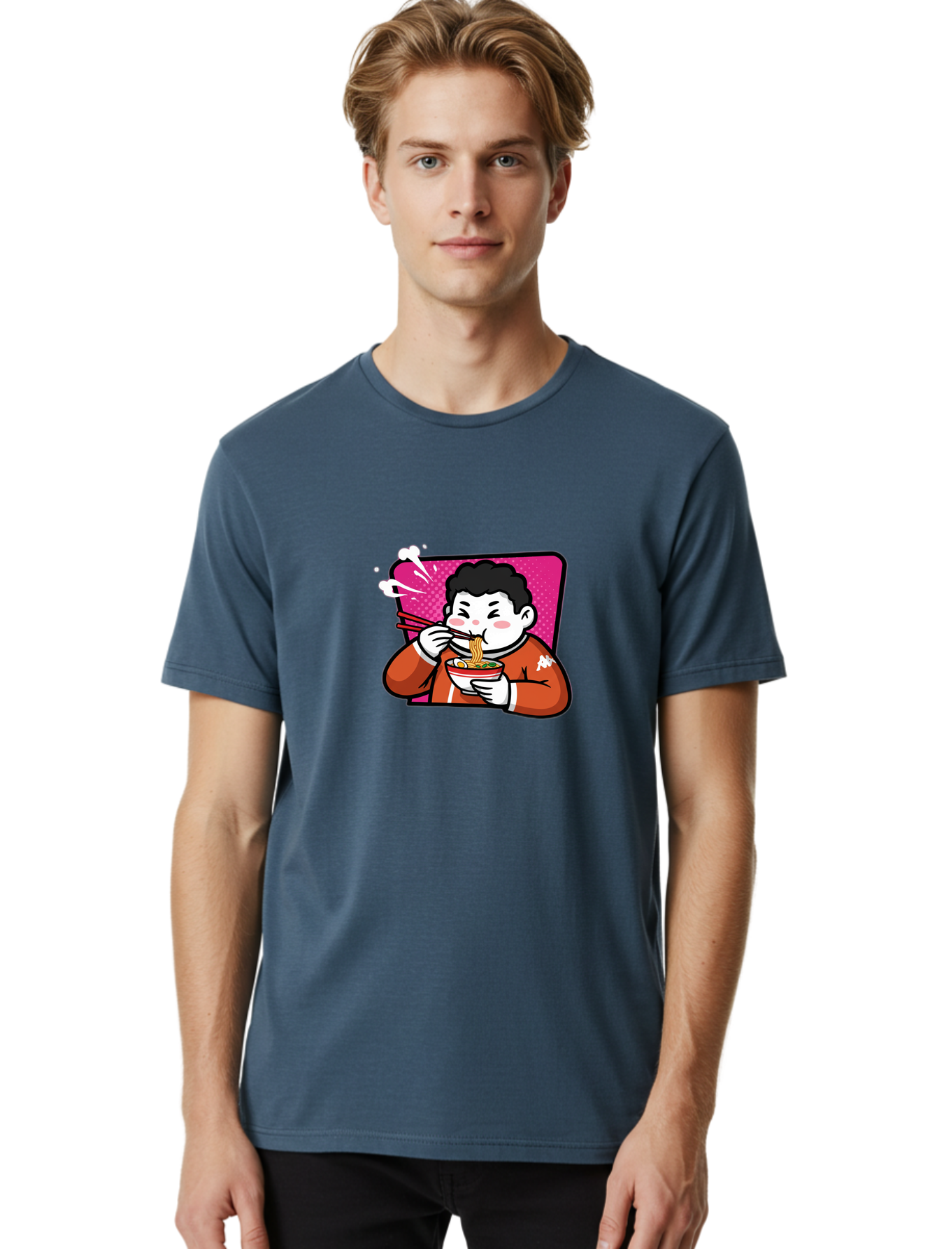 Man-Eating-Ramen Men'S Graphic Tee, 100% Cotton, Comfortable Casual Summer Wear, Machine Washable, Cartoon Boy Eating Ramen, Steaming Hot Noodles, Chopsticks In Action, Kawaii Character, Anime Style, Foodie Culture, Asian Cuisine, Baa966