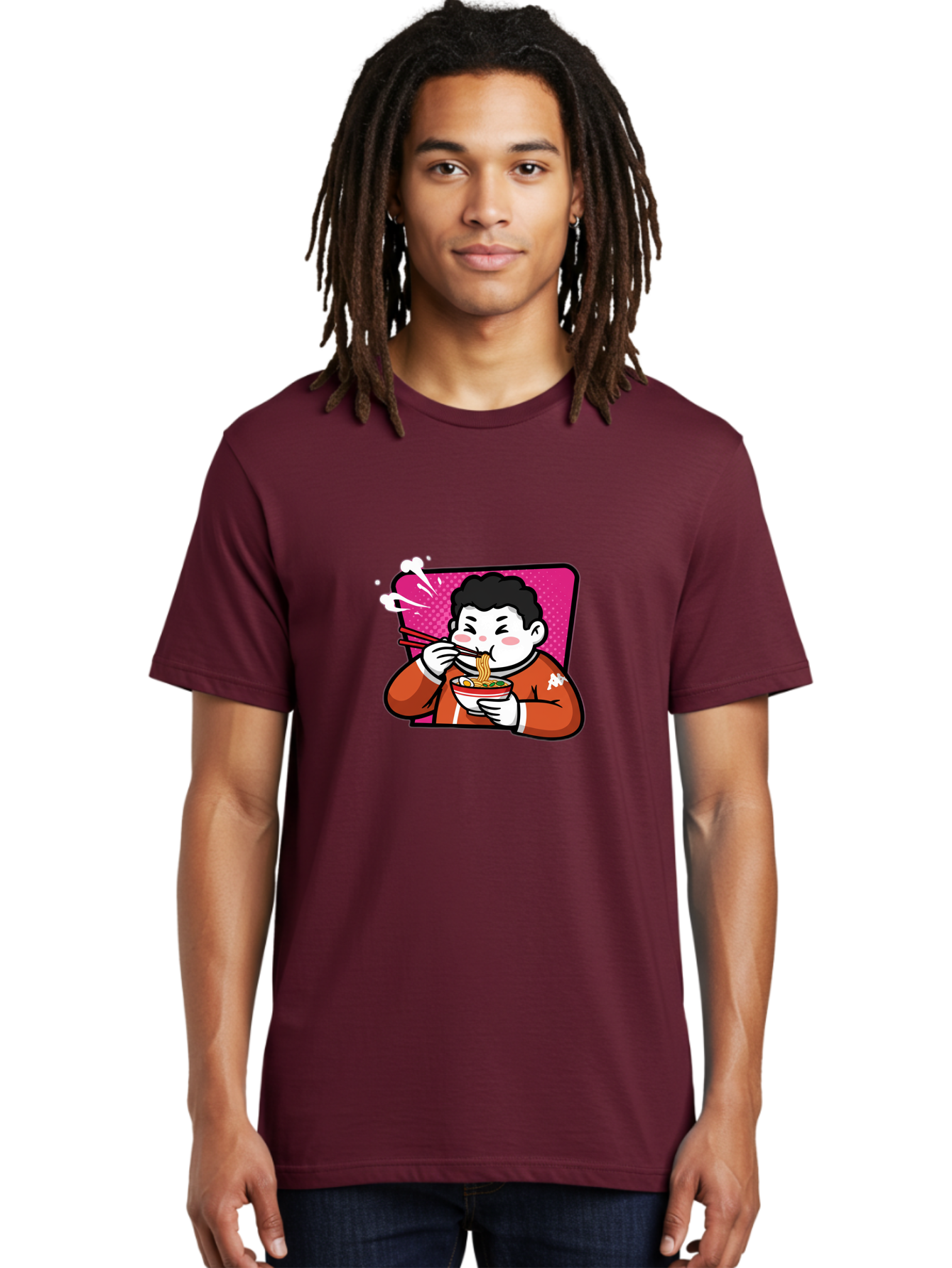 Man-Eating-Ramen Men'S Graphic Tee, 100% Cotton, Comfortable Casual Summer Wear, Machine Washable, Cartoon Boy Eating Ramen, Steaming Hot Noodles, Chopsticks In Action, Kawaii Character, Anime Style, Foodie Culture, Asian Cuisine, Baa966