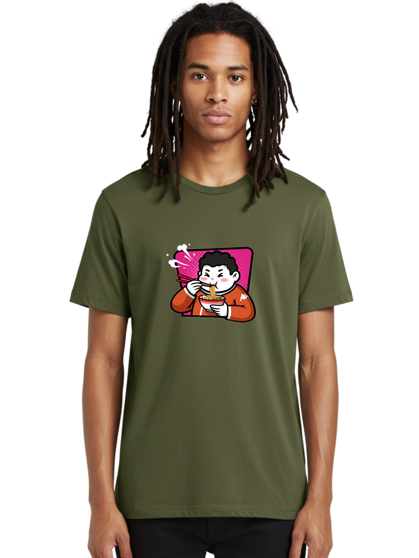 Man-Eating-Ramen Men'S Graphic Tee, 100% Cotton, Comfortable Casual Summer Wear, Machine Washable, Cartoon Boy Eating Ramen, Steaming Hot Noodles, Chopsticks In Action, Kawaii Character, Anime Style, Foodie Culture, Asian Cuisine, Baa966