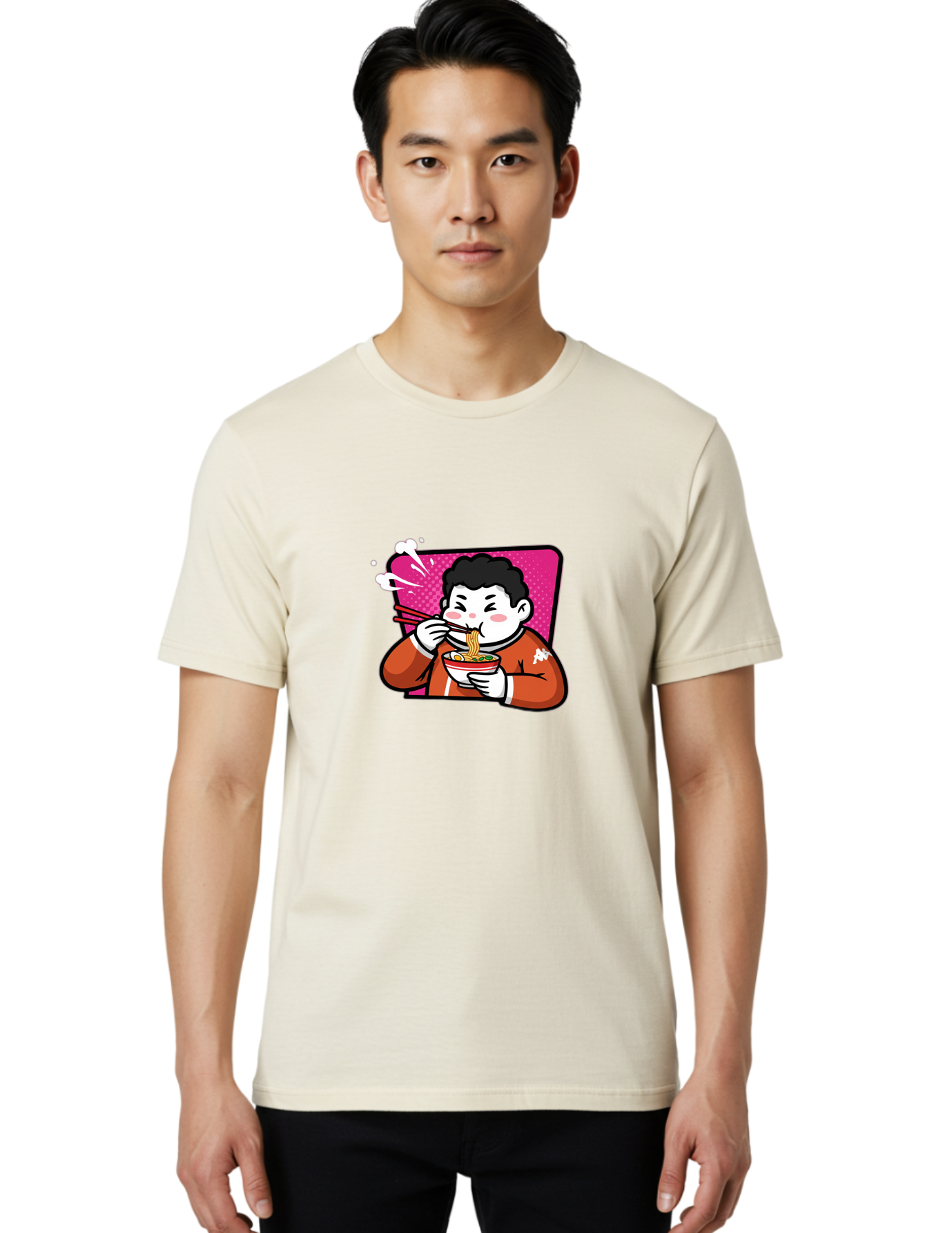 Man-Eating-Ramen Men'S Graphic Tee, 100% Cotton, Comfortable Casual Summer Wear, Machine Washable, Cartoon Boy Eating Ramen, Steaming Hot Noodles, Chopsticks In Action, Kawaii Character, Anime Style, Foodie Culture, Asian Cuisine, Baa966