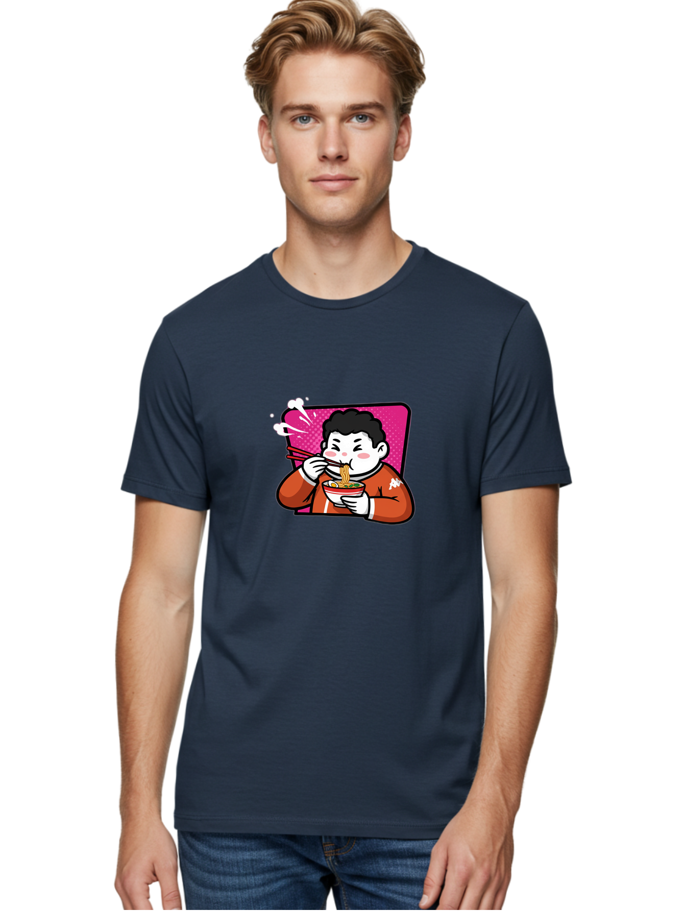 Man-Eating-Ramen Men'S Graphic Tee, 100% Cotton, Comfortable Casual Summer Wear, Machine Washable, Cartoon Boy Eating Ramen, Steaming Hot Noodles, Chopsticks In Action, Kawaii Character, Anime Style, Foodie Culture, Asian Cuisine, Baa966