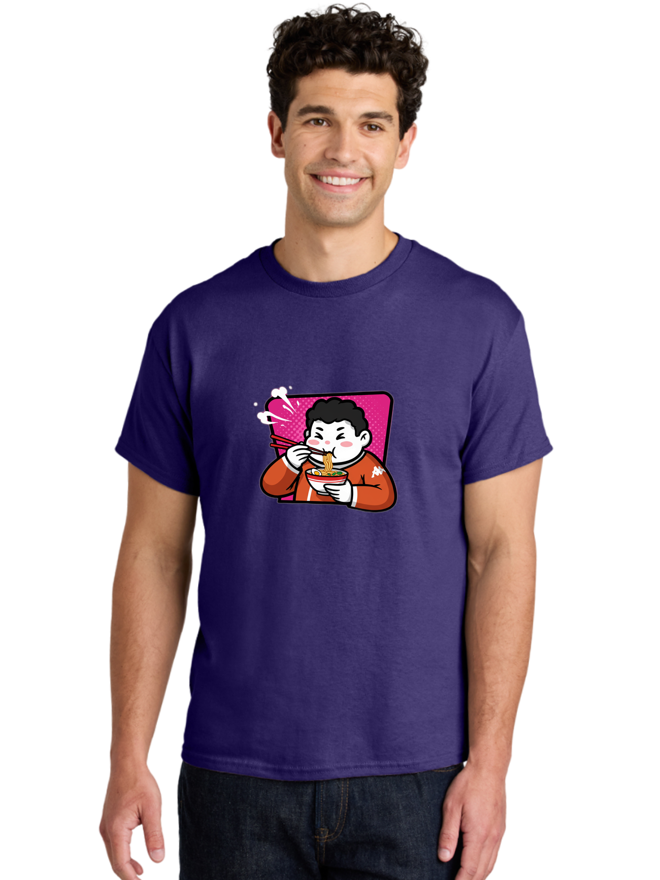 Man-Eating-Ramen Men'S Graphic Tee, 100% Cotton, Comfortable Casual Summer Wear, Machine Washable, Cartoon Boy Eating Ramen, Steaming Hot Noodles, Chopsticks In Action, Kawaii Character, Anime Style, Foodie Culture, Asian Cuisine, Baa966