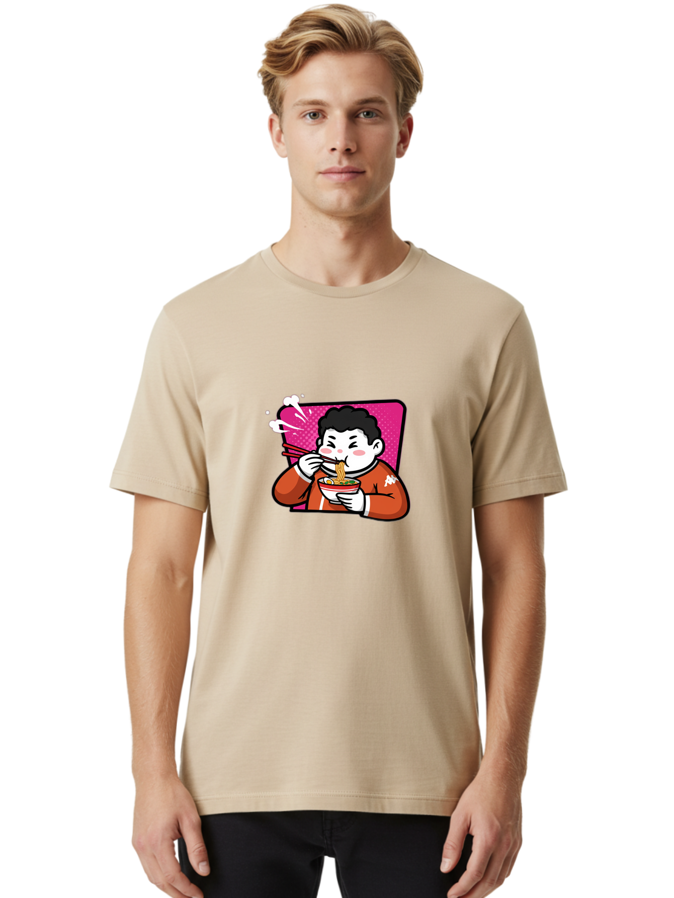 Man-Eating-Ramen Men'S Graphic Tee, 100% Cotton, Comfortable Casual Summer Wear, Machine Washable, Cartoon Boy Eating Ramen, Steaming Hot Noodles, Chopsticks In Action, Kawaii Character, Anime Style, Foodie Culture, Asian Cuisine, Baa966