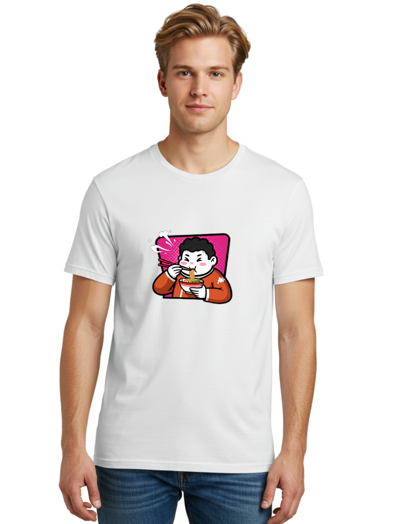 Man-Eating-Ramen Men'S Graphic Tee, 100% Cotton, Comfortable Casual Summer Wear, Machine Washable, Cartoon Boy Eating Ramen, Steaming Hot Noodles, Chopsticks In Action, Kawaii Character, Anime Style, Foodie Culture, Asian Cuisine, Baa966