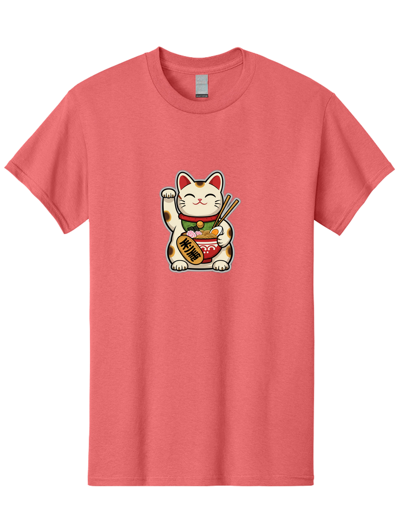 Maneki-Neko Men'S Graphic Tee, 100% Cotton, Comfortable Casual Summer Wear, Machine Washable, Lucky Cat Figurine, Beckoning Cat, Maneki Neko, Japanese Culture, Good Fortune Symbol, Cartoon Cat, Red And Green Collar, Bowl Of Noodles, Chopsticks Baa967