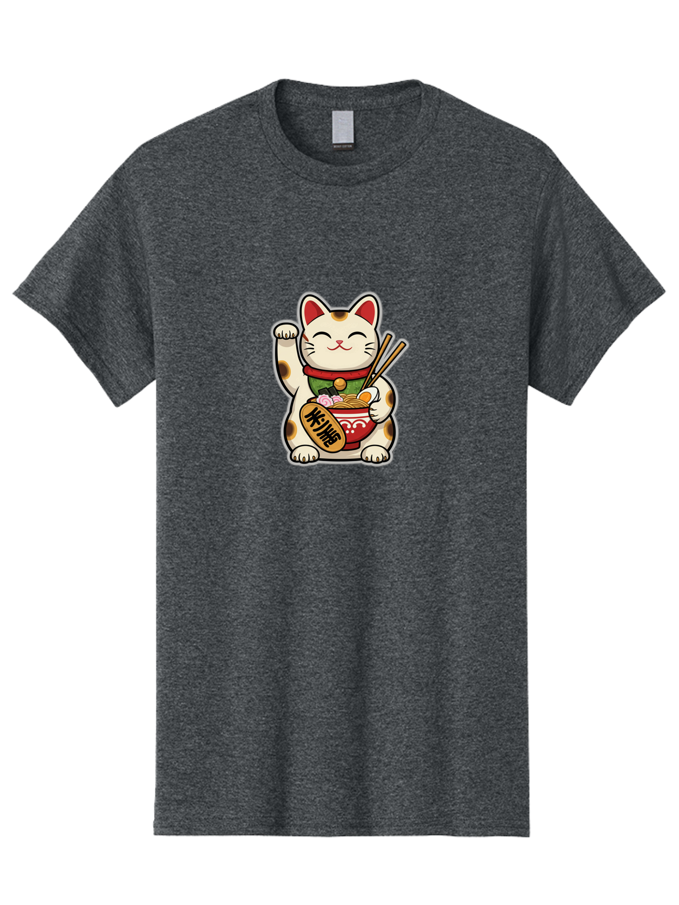 Maneki-Neko Men'S Graphic Tee, 100% Cotton, Comfortable Casual Summer Wear, Machine Washable, Lucky Cat Figurine, Beckoning Cat, Maneki Neko, Japanese Culture, Good Fortune Symbol, Cartoon Cat, Red And Green Collar, Bowl Of Noodles, Chopsticks Baa967