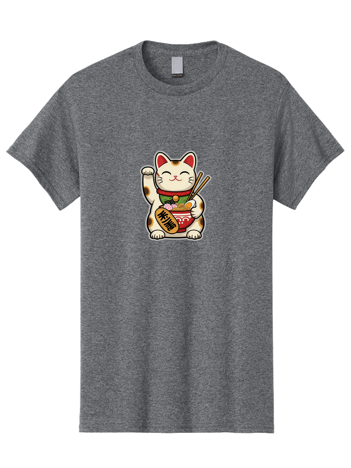 Maneki-Neko Men'S Graphic Tee, 100% Cotton, Comfortable Casual Summer Wear, Machine Washable, Lucky Cat Figurine, Beckoning Cat, Maneki Neko, Japanese Culture, Good Fortune Symbol, Cartoon Cat, Red And Green Collar, Bowl Of Noodles, Chopsticks Baa967