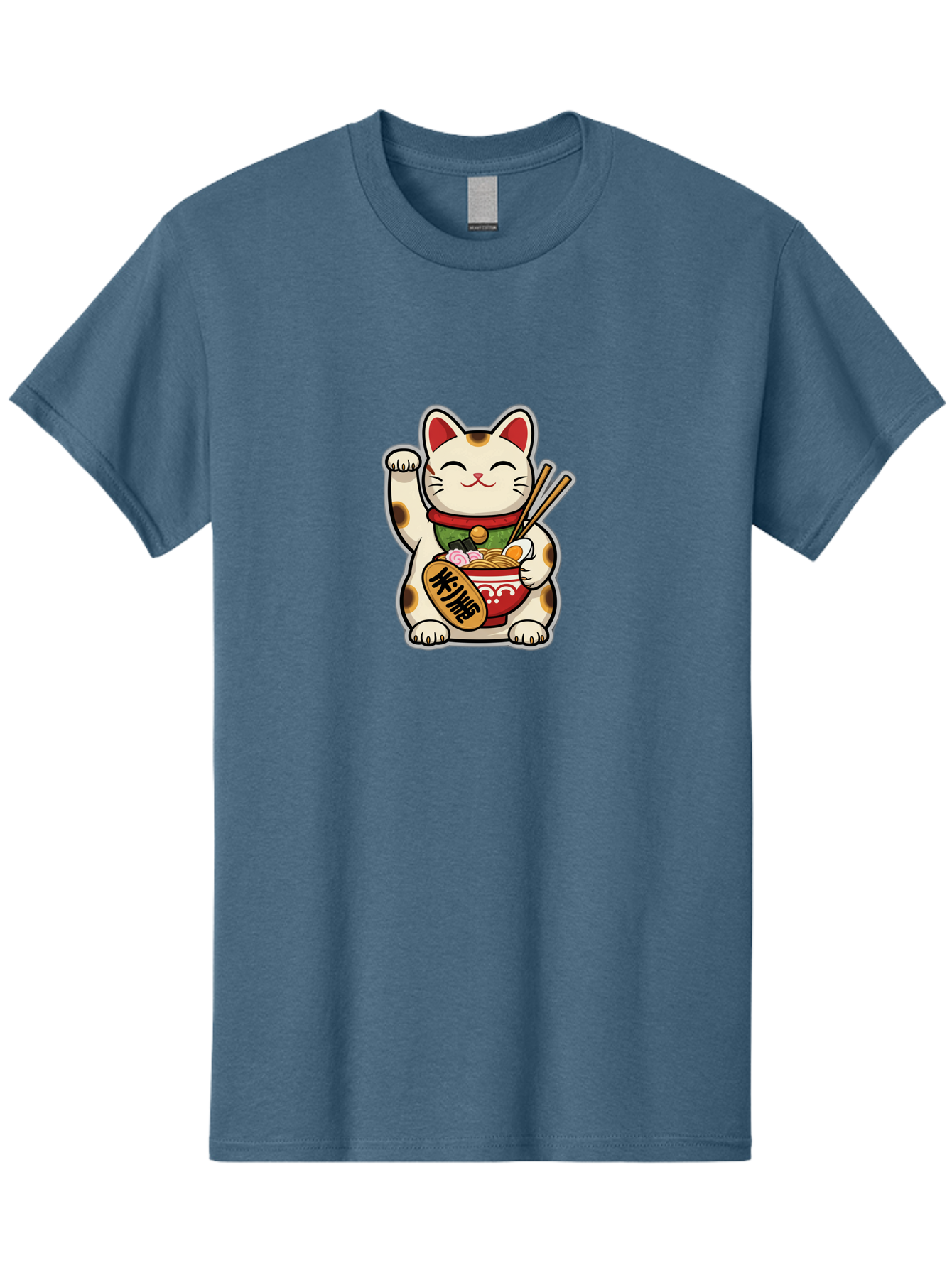 Maneki-Neko Men'S Graphic Tee, 100% Cotton, Comfortable Casual Summer Wear, Machine Washable, Lucky Cat Figurine, Beckoning Cat, Maneki Neko, Japanese Culture, Good Fortune Symbol, Cartoon Cat, Red And Green Collar, Bowl Of Noodles, Chopsticks Baa967