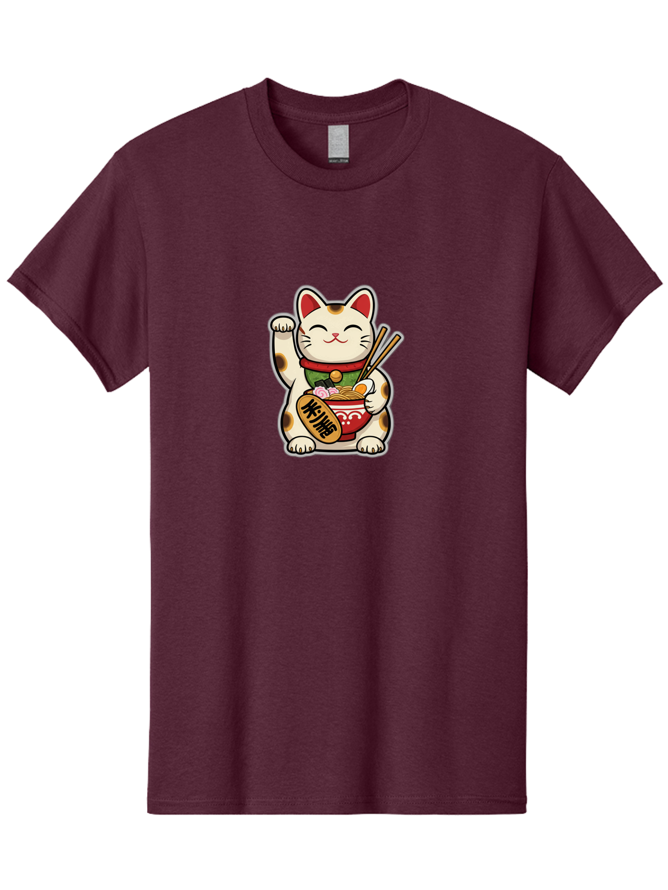 Maneki-Neko Men'S Graphic Tee, 100% Cotton, Comfortable Casual Summer Wear, Machine Washable, Lucky Cat Figurine, Beckoning Cat, Maneki Neko, Japanese Culture, Good Fortune Symbol, Cartoon Cat, Red And Green Collar, Bowl Of Noodles, Chopsticks Baa967
