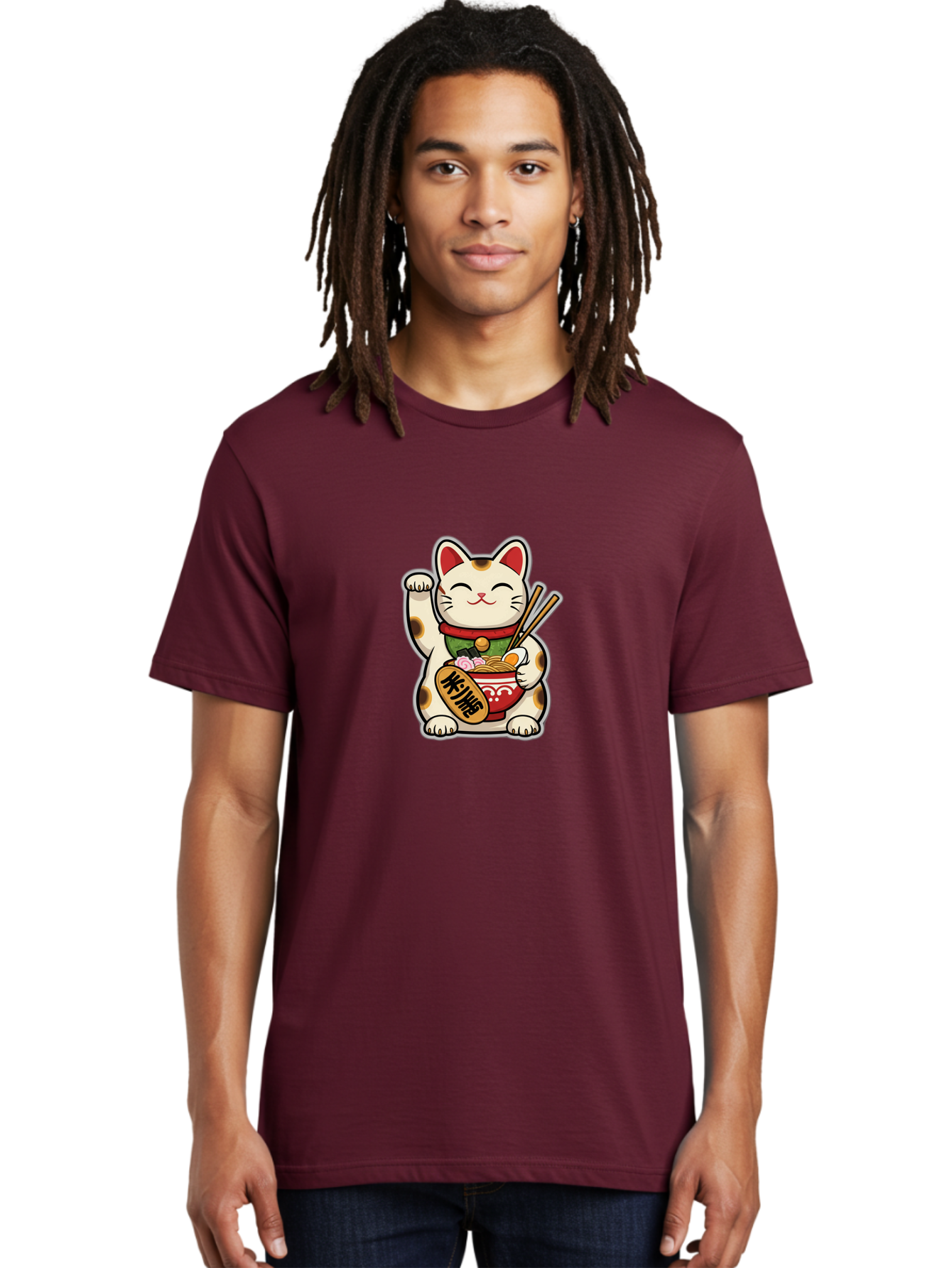 Maneki-Neko Men'S Graphic Tee, 100% Cotton, Comfortable Casual Summer Wear, Machine Washable, Lucky Cat Figurine, Beckoning Cat, Maneki Neko, Japanese Culture, Good Fortune Symbol, Cartoon Cat, Red And Green Collar, Bowl Of Noodles, Chopsticks Baa967