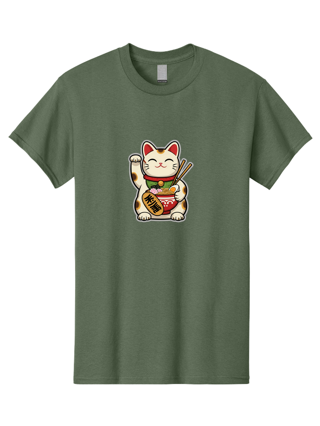 Maneki-Neko Men'S Graphic Tee, 100% Cotton, Comfortable Casual Summer Wear, Machine Washable, Lucky Cat Figurine, Beckoning Cat, Maneki Neko, Japanese Culture, Good Fortune Symbol, Cartoon Cat, Red And Green Collar, Bowl Of Noodles, Chopsticks Baa967