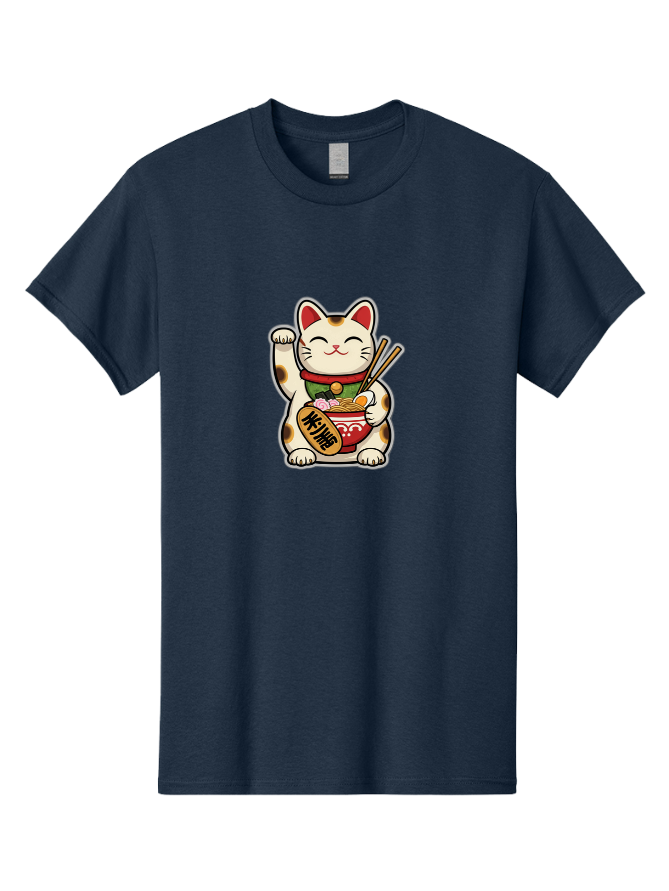 Maneki-Neko Men'S Graphic Tee, 100% Cotton, Comfortable Casual Summer Wear, Machine Washable, Lucky Cat Figurine, Beckoning Cat, Maneki Neko, Japanese Culture, Good Fortune Symbol, Cartoon Cat, Red And Green Collar, Bowl Of Noodles, Chopsticks Baa967