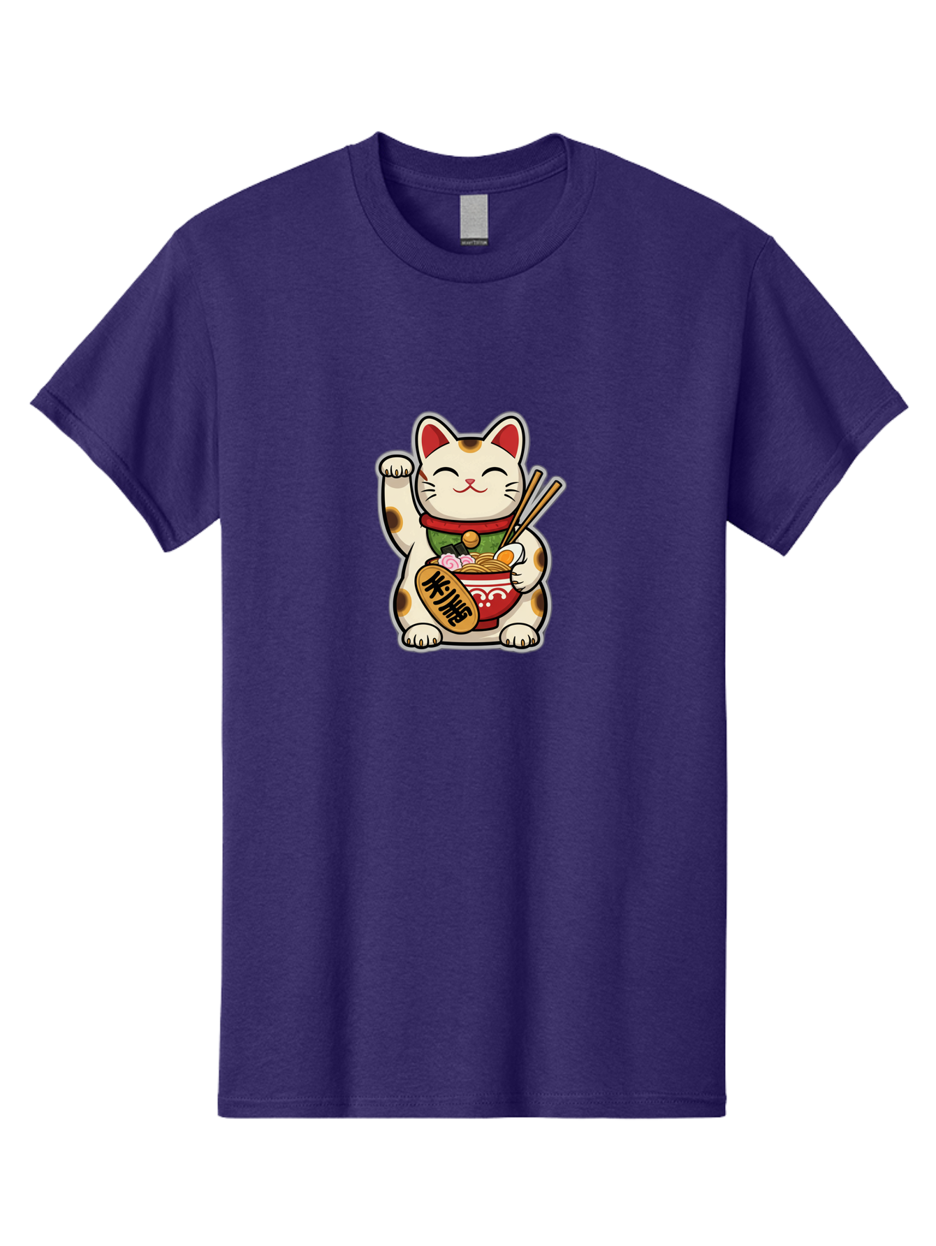 Maneki-Neko Men'S Graphic Tee, 100% Cotton, Comfortable Casual Summer Wear, Machine Washable, Lucky Cat Figurine, Beckoning Cat, Maneki Neko, Japanese Culture, Good Fortune Symbol, Cartoon Cat, Red And Green Collar, Bowl Of Noodles, Chopsticks Baa967