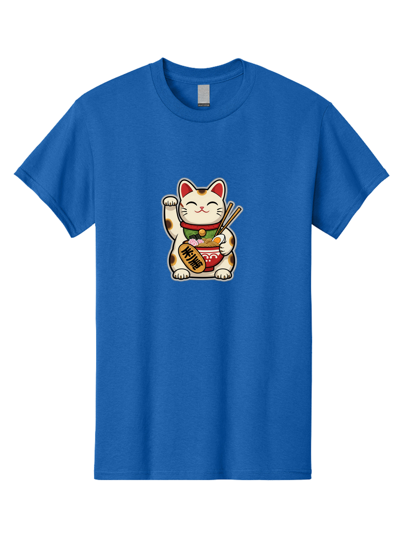 Maneki-Neko Men'S Graphic Tee, 100% Cotton, Comfortable Casual Summer Wear, Machine Washable, Lucky Cat Figurine, Beckoning Cat, Maneki Neko, Japanese Culture, Good Fortune Symbol, Cartoon Cat, Red And Green Collar, Bowl Of Noodles, Chopsticks Baa967