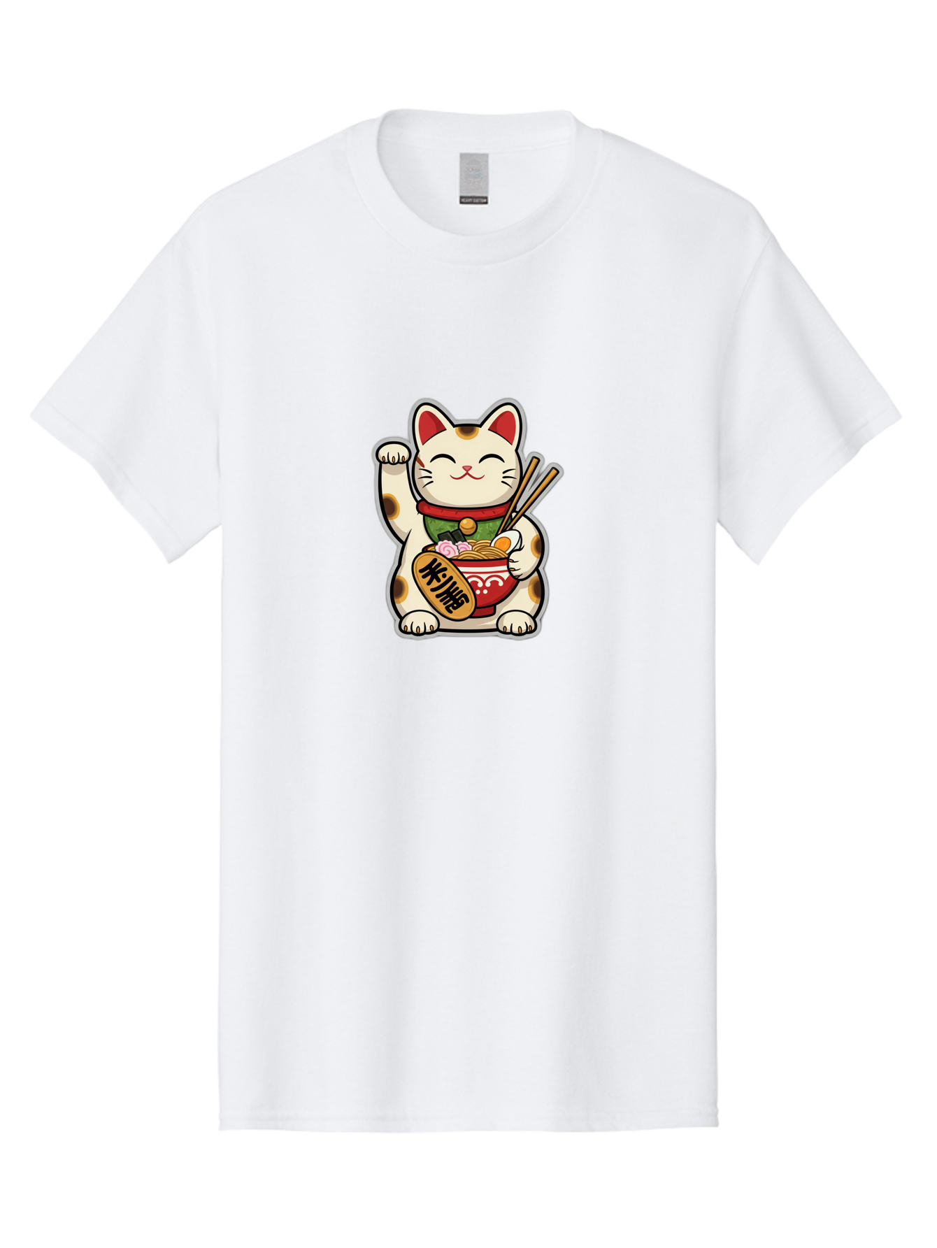 Maneki-Neko Men'S Graphic Tee, 100% Cotton, Comfortable Casual Summer Wear, Machine Washable, Lucky Cat Figurine, Beckoning Cat, Maneki Neko, Japanese Culture, Good Fortune Symbol, Cartoon Cat, Red And Green Collar, Bowl Of Noodles, Chopsticks Baa967