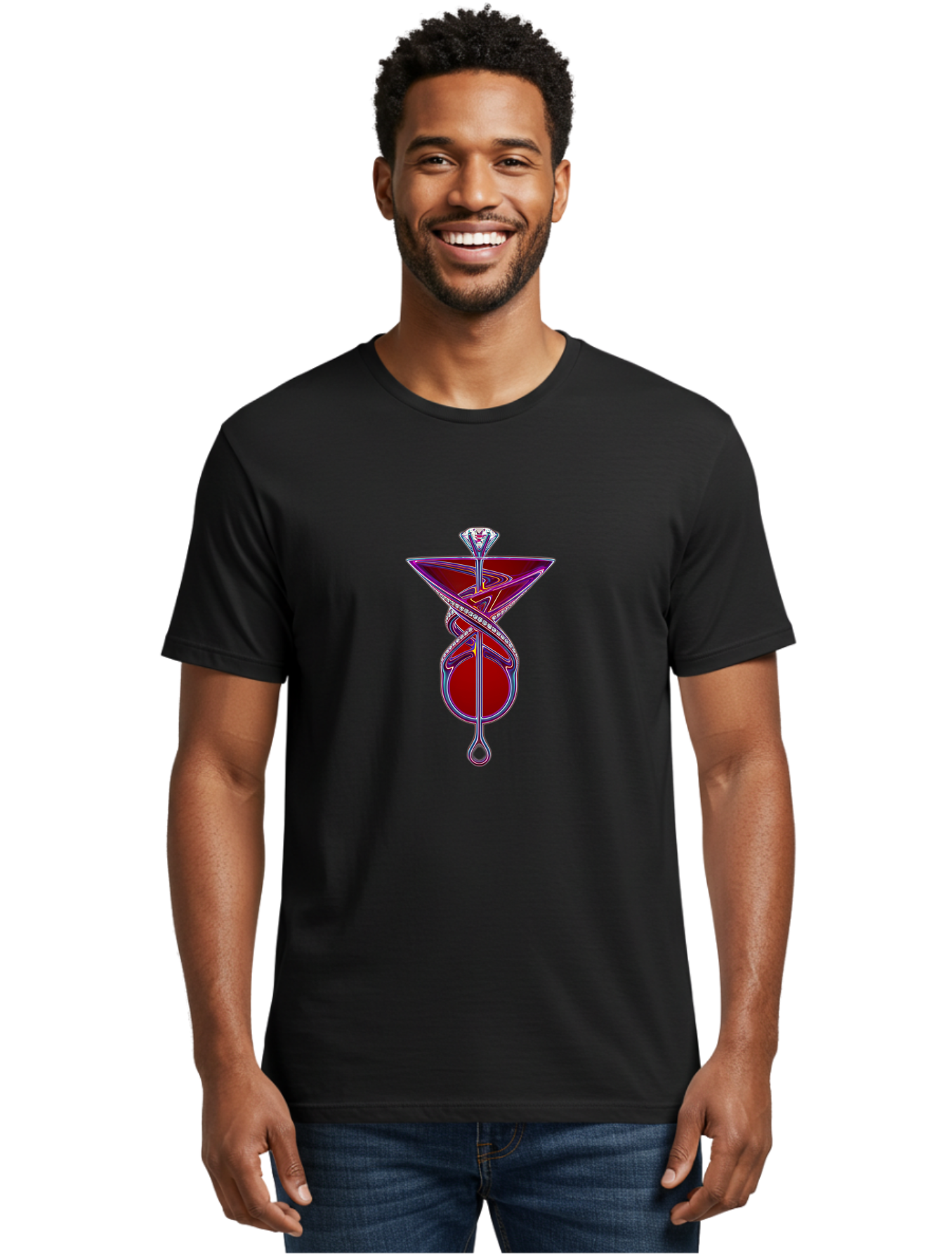 Martini-Glass-With-Snake Men'S Graphic Tee, 100% Cotton, Comfortable Casual Summer Wear, Machine Washable, Martini Glass, Cocktail, Diamond Ring, Luxury, Purple Accents, Red Liquid, Swirling Design, Glamorous, Sophisticated, Celebratory Drink Baa969
