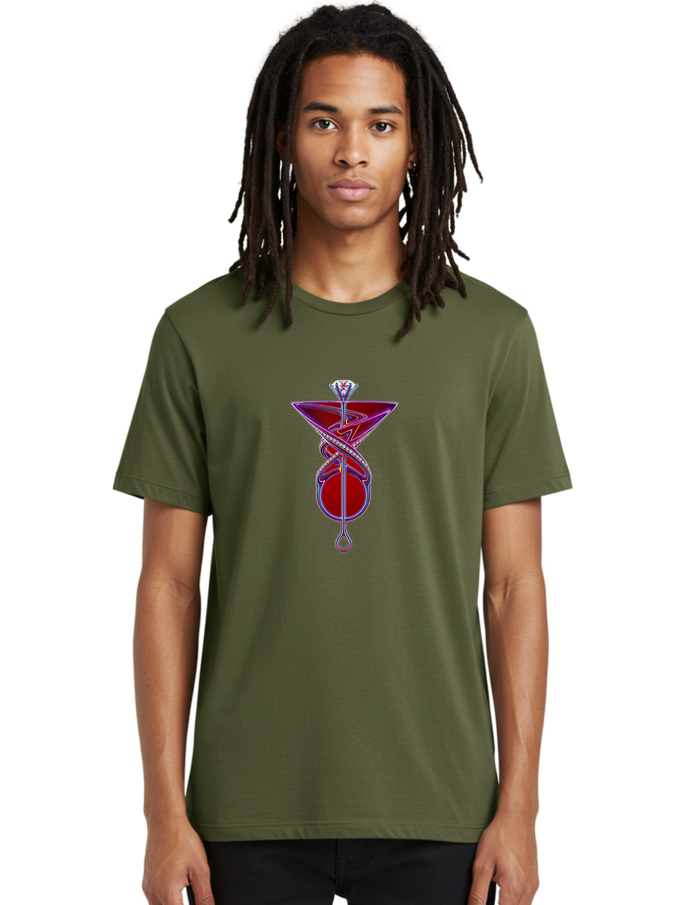 Martini-Glass-With-Snake Men'S Graphic Tee, 100% Cotton, Comfortable Casual Summer Wear, Machine Washable, Martini Glass, Cocktail, Diamond Ring, Luxury, Purple Accents, Red Liquid, Swirling Design, Glamorous, Sophisticated, Celebratory Drink Baa969