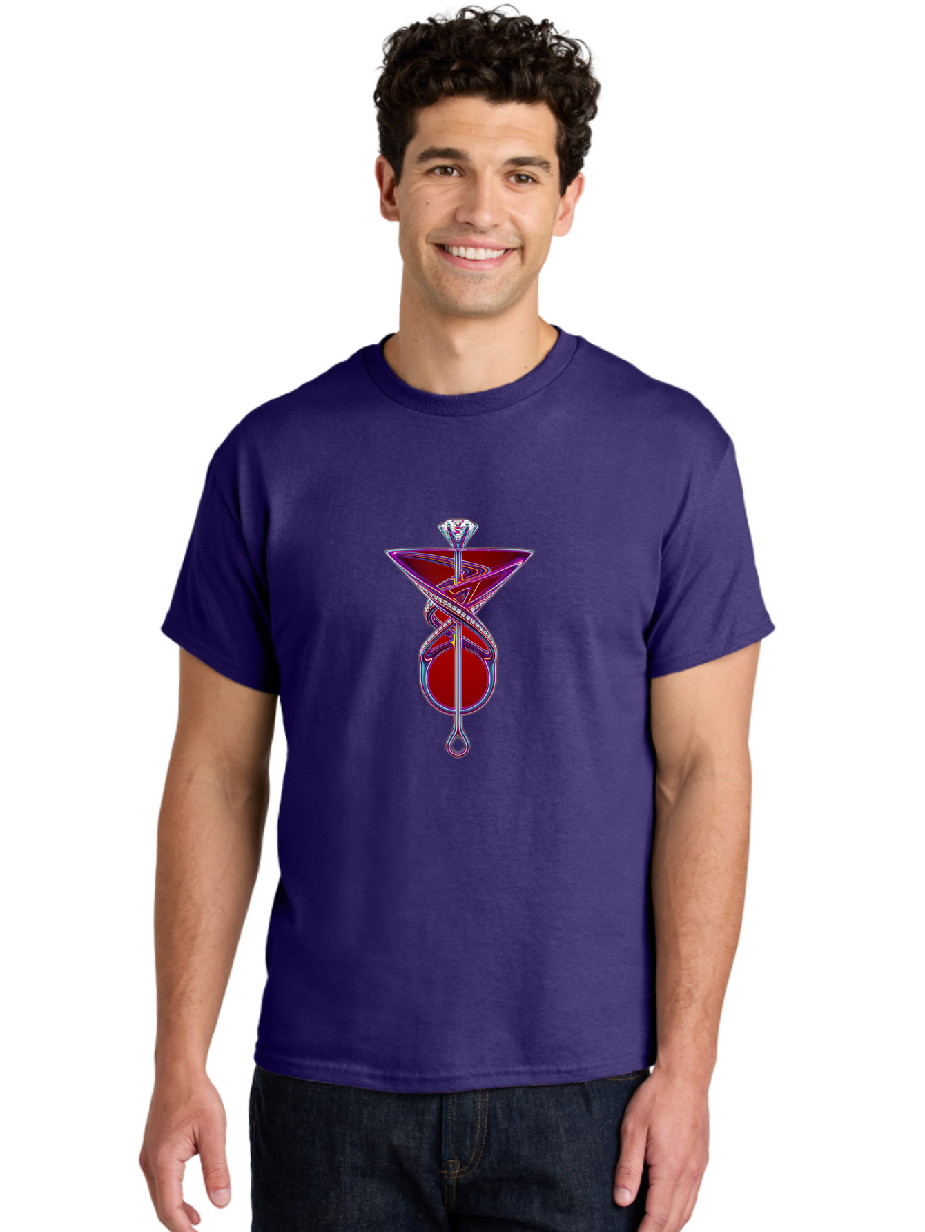 Martini-Glass-With-Snake Men'S Graphic Tee, 100% Cotton, Comfortable Casual Summer Wear, Machine Washable, Martini Glass, Cocktail, Diamond Ring, Luxury, Purple Accents, Red Liquid, Swirling Design, Glamorous, Sophisticated, Celebratory Drink Baa969