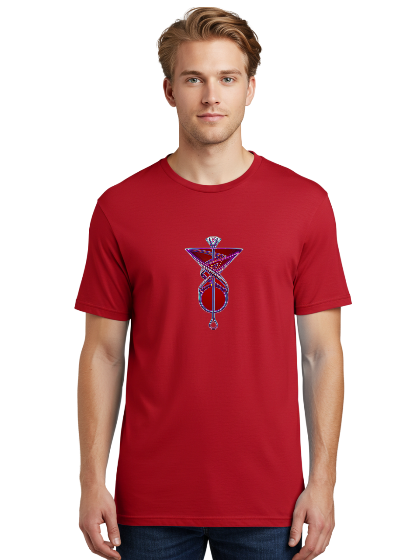 Martini-Glass-With-Snake Men'S Graphic Tee, 100% Cotton, Comfortable Casual Summer Wear, Machine Washable, Martini Glass, Cocktail, Diamond Ring, Luxury, Purple Accents, Red Liquid, Swirling Design, Glamorous, Sophisticated, Celebratory Drink Baa969