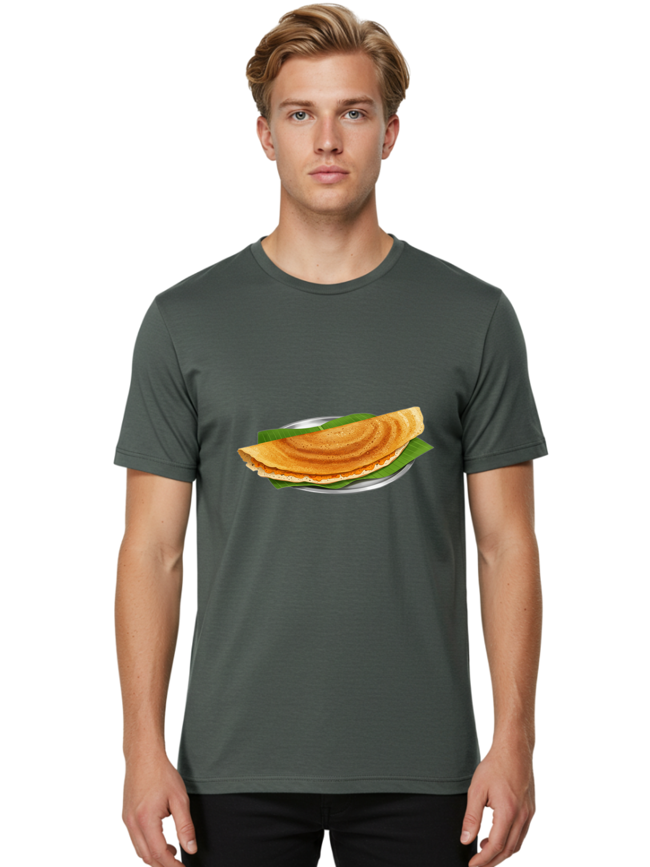 Masala-Dosa-1 Men'S Graphic Tee, 100% Cotton, Comfortable Casual Summer Wear, Machine Washable, South Indian Cuisine, Masala Dosa, Traditional Food, Fermented Crepe, Spicy Filling, Crispy Texture, Banana Leaf, Stainless Steel Plate, Baa970