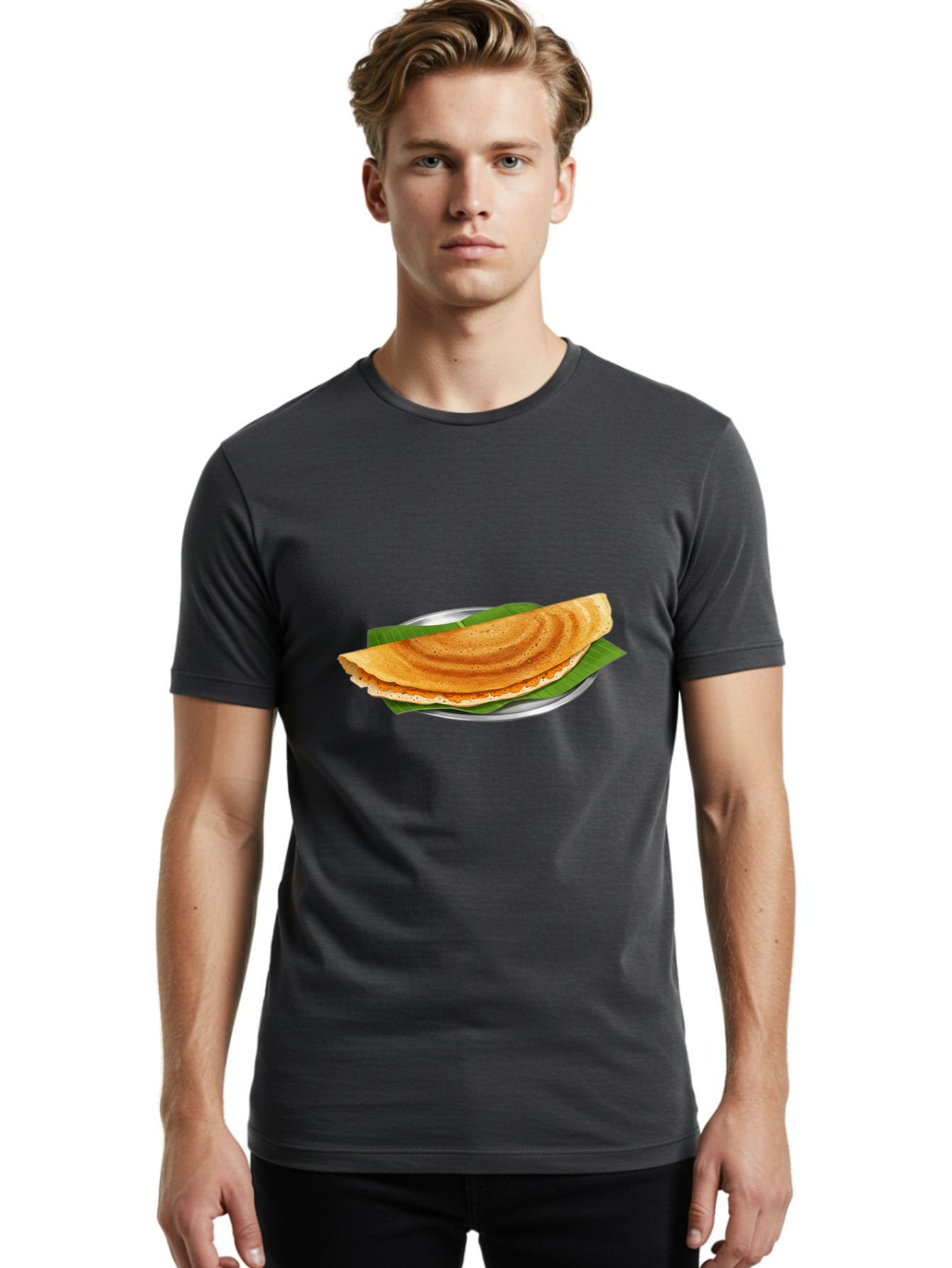 Masala-Dosa-1 Men'S Graphic Tee, 100% Cotton, Comfortable Casual Summer Wear, Machine Washable, South Indian Cuisine, Masala Dosa, Traditional Food, Fermented Crepe, Spicy Filling, Crispy Texture, Banana Leaf, Stainless Steel Plate, Baa970