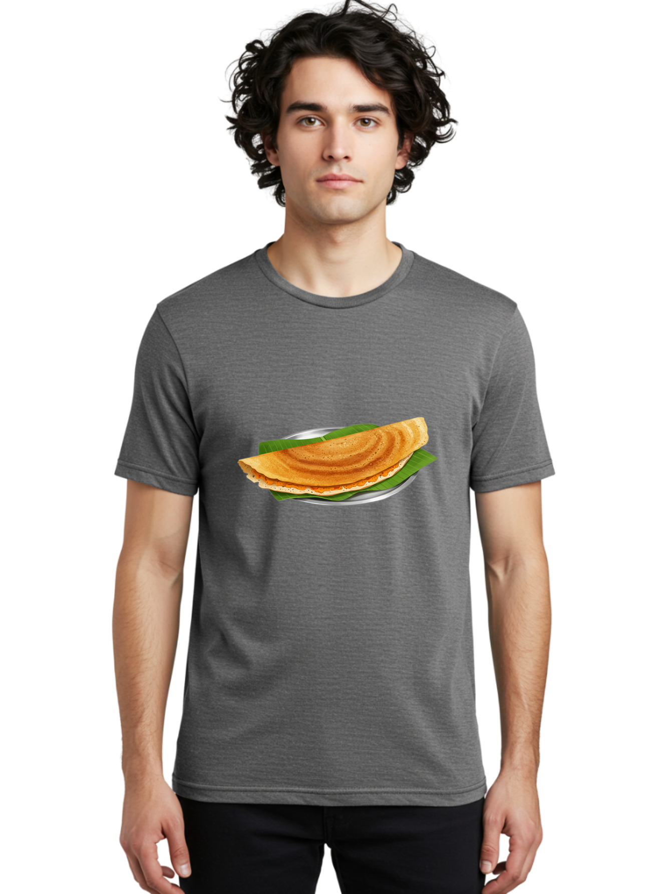Masala-Dosa-1 Men'S Graphic Tee, 100% Cotton, Comfortable Casual Summer Wear, Machine Washable, South Indian Cuisine, Masala Dosa, Traditional Food, Fermented Crepe, Spicy Filling, Crispy Texture, Banana Leaf, Stainless Steel Plate, Baa970