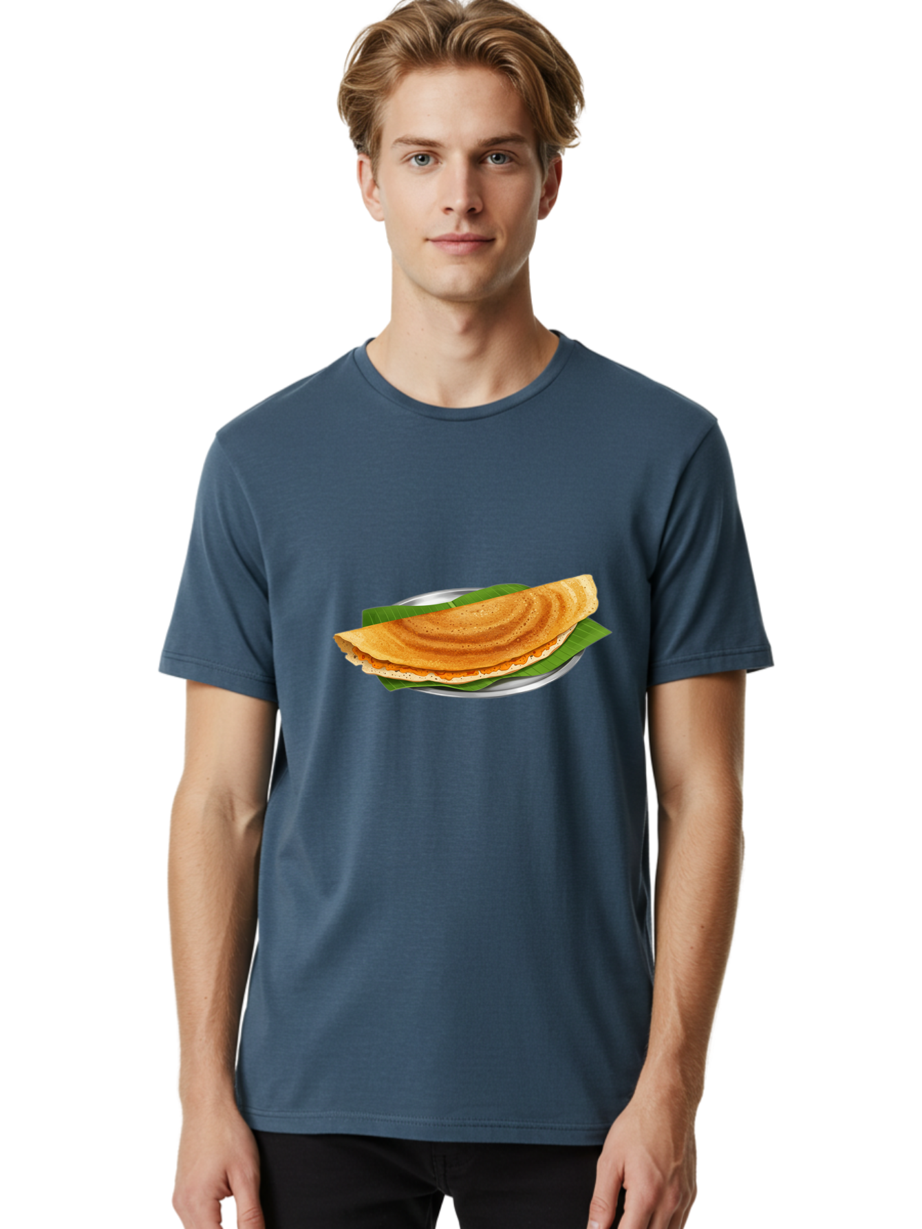 Masala-Dosa-1 Men'S Graphic Tee, 100% Cotton, Comfortable Casual Summer Wear, Machine Washable, South Indian Cuisine, Masala Dosa, Traditional Food, Fermented Crepe, Spicy Filling, Crispy Texture, Banana Leaf, Stainless Steel Plate, Baa970