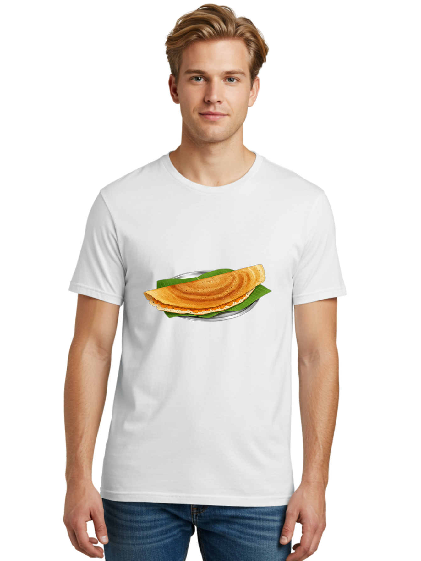 Masala-Dosa-1 Men'S Graphic Tee, 100% Cotton, Comfortable Casual Summer Wear, Machine Washable, South Indian Cuisine, Masala Dosa, Traditional Food, Fermented Crepe, Spicy Filling, Crispy Texture, Banana Leaf, Stainless Steel Plate, Baa970
