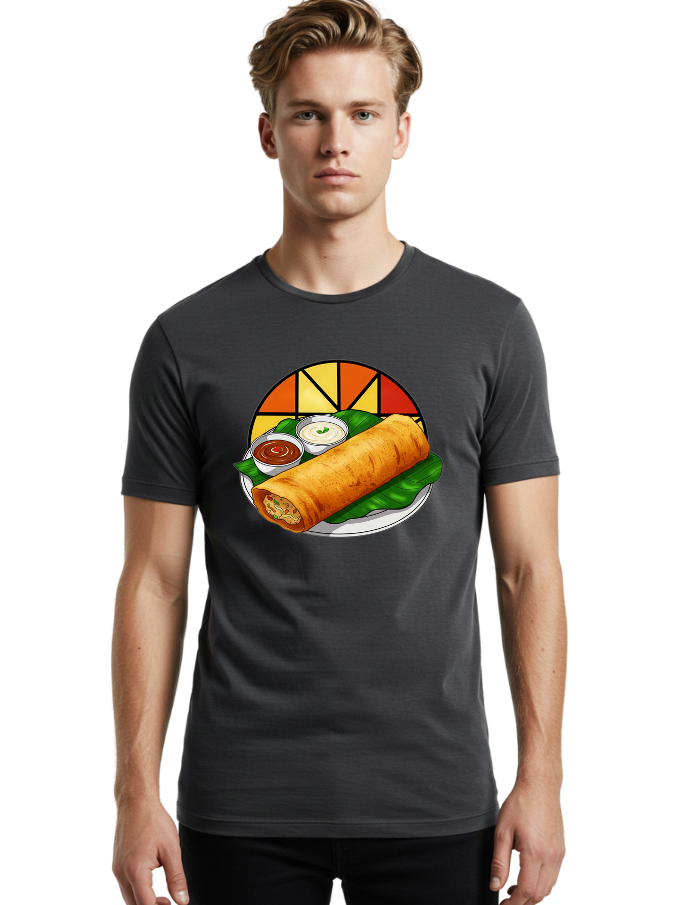 Masala-Dosa-14 Men'S Graphic Tee, 100% Cotton, Comfortable Casual Summer Wear, Machine Washable, South Indian Cuisine, Traditional Dosa, Masala Filling, Chutney, Sambar, Indian Breakfast, Fermented Rice Crepe, Delicious Meal, Baa975