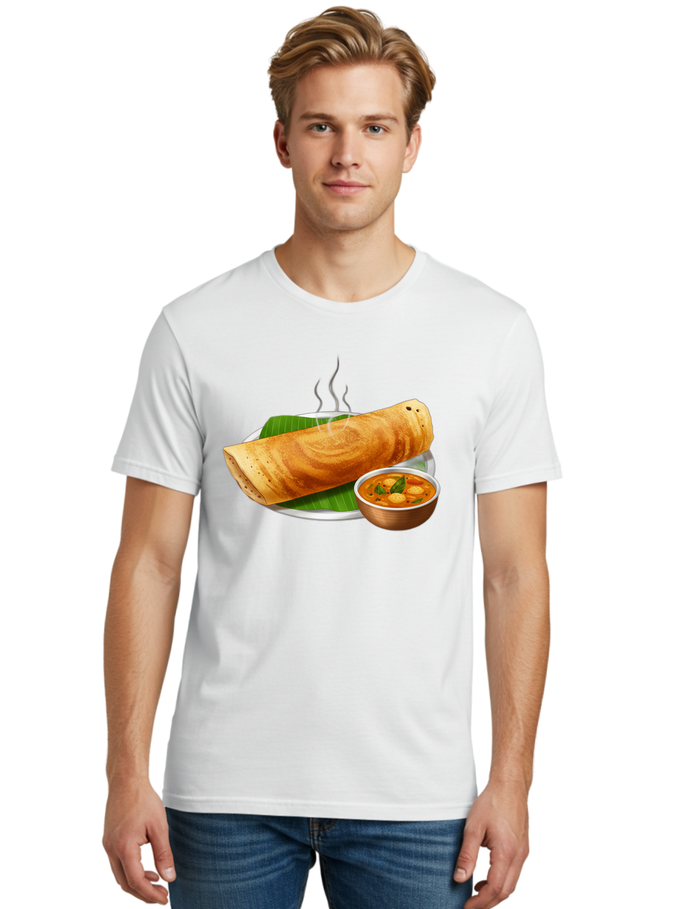 Masala-Dosa-9 Men'S Graphic Tee, 100% Cotton, Comfortable Casual Summer Wear, Machine Washable, South Indian Cuisine, Traditional Breakfast, Dosa And Sambar, Indian Food, Savory Crepe, Spicy Curry, Steaming Hot, Banana Leaf, Delicious Meal, Baa987