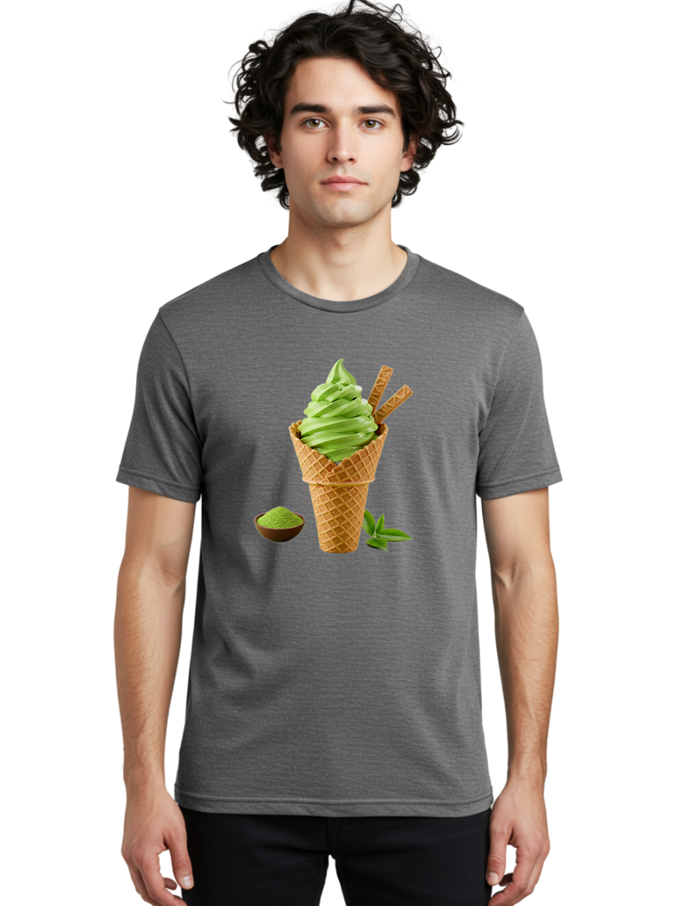 Matcha-Ice-Cream-Cone-1 Men'S Graphic Tee, 100% Cotton, Comfortable Casual Summer Wear, Machine Washable, Matcha Ice Cream Cone, Soft-Serve Ice Cream, Green Tea, Japanese Dessert, Matcha Powder, Summer Treat, Ice Cream, Green Tea Ice Cream, Baa991