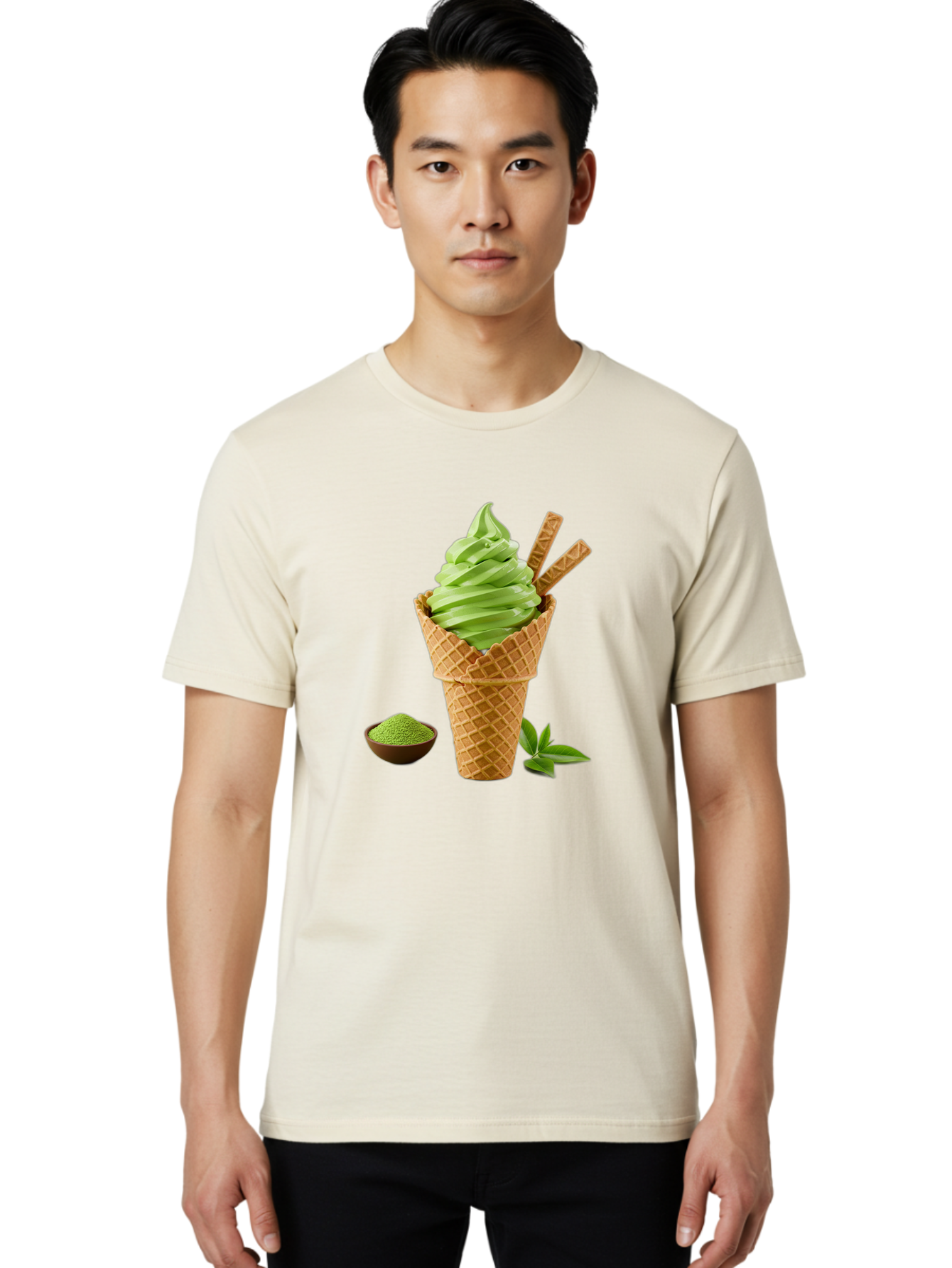 Matcha-Ice-Cream-Cone-1 Men'S Graphic Tee, 100% Cotton, Comfortable Casual Summer Wear, Machine Washable, Matcha Ice Cream Cone, Soft-Serve Ice Cream, Green Tea, Japanese Dessert, Matcha Powder, Summer Treat, Ice Cream, Green Tea Ice Cream, Baa991