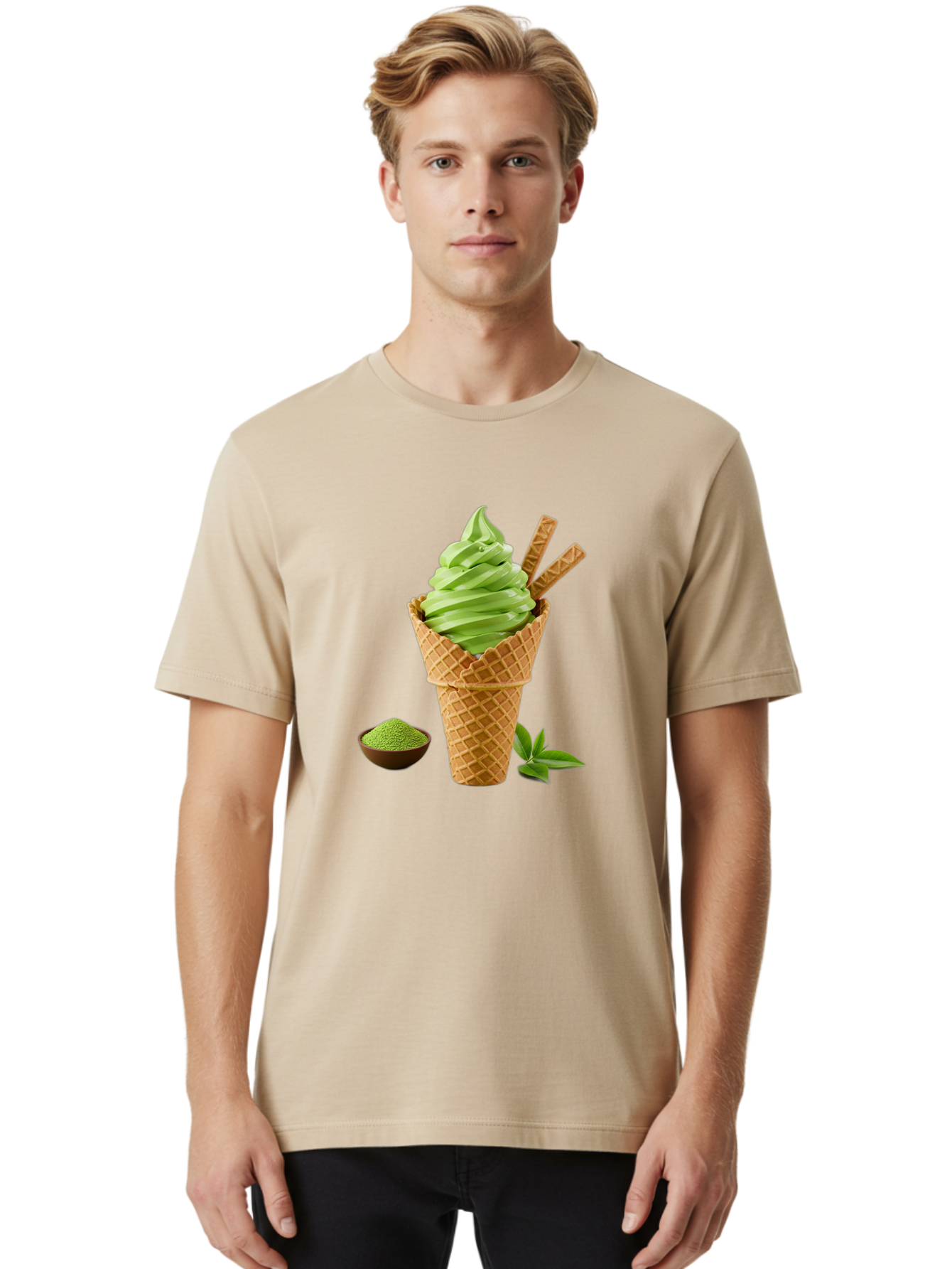 Matcha-Ice-Cream-Cone-1 Men'S Graphic Tee, 100% Cotton, Comfortable Casual Summer Wear, Machine Washable, Matcha Ice Cream Cone, Soft-Serve Ice Cream, Green Tea, Japanese Dessert, Matcha Powder, Summer Treat, Ice Cream, Green Tea Ice Cream, Baa991