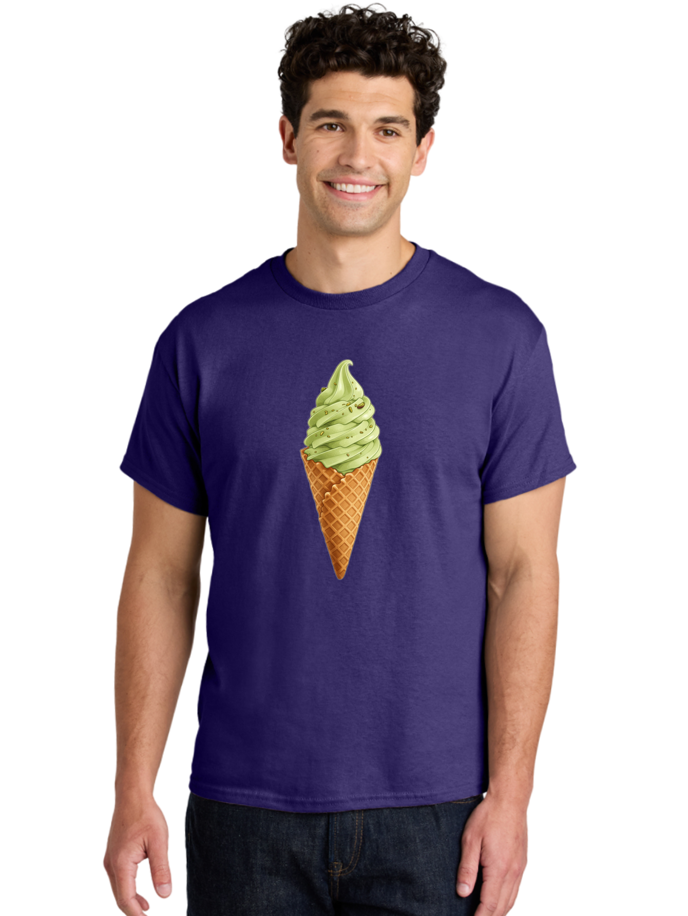 Matcha-Ice-Cream-Cone Men'S Graphic Tee, 100% Cotton, Comfortable Casual Summer Wear, Machine Washable, Matcha Ice Cream, Soft Serve Ice Cream, Waffle Cone, Green Tea Flavor, Sweet Treat, Summer Dessert, Ice Cream Cone, Creamy Texture Baa992