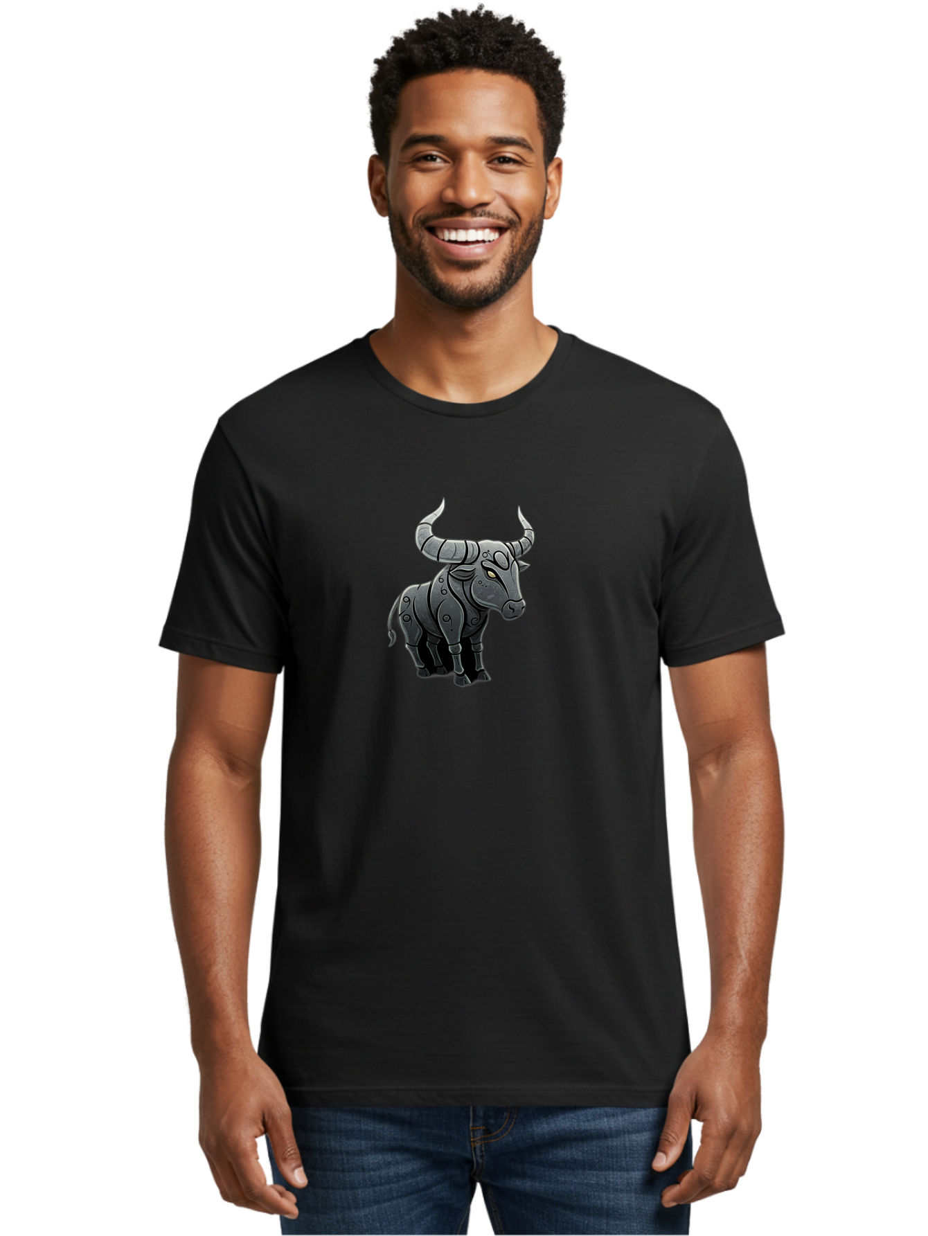 Metal-Bull Men'S Graphic Tee, 100% Cotton, Comfortable Casual Summer Wear, Machine Washable, Robotic Bull, Metallic Body, Mechanical Creature, Artificial Intelligence, Futuristic Design, Sci-Fi Art, Cybernetic Animal, Modern Illustration, Bab001