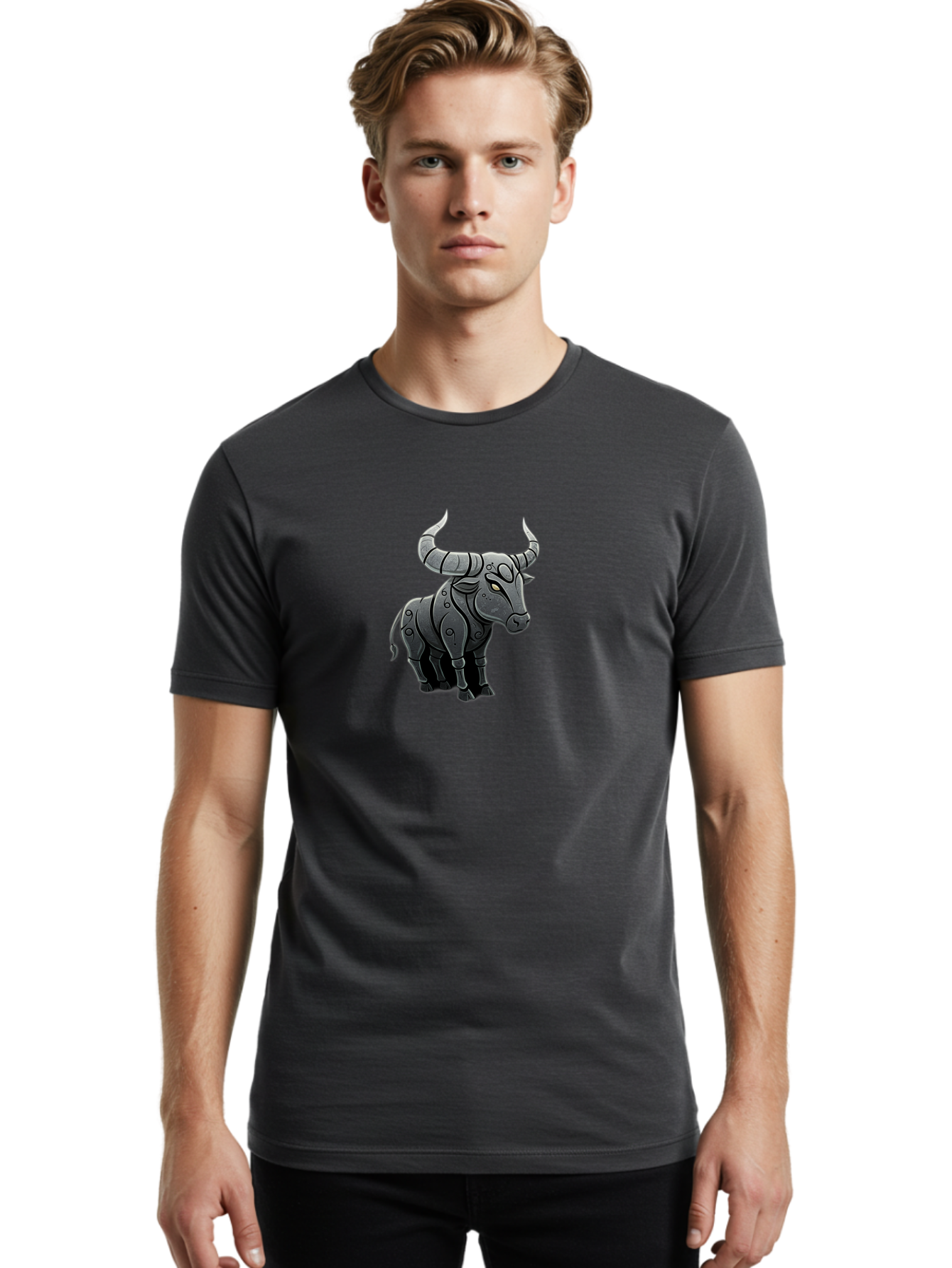 Metal-Bull Men'S Graphic Tee, 100% Cotton, Comfortable Casual Summer Wear, Machine Washable, Robotic Bull, Metallic Body, Mechanical Creature, Artificial Intelligence, Futuristic Design, Sci-Fi Art, Cybernetic Animal, Modern Illustration, Bab001