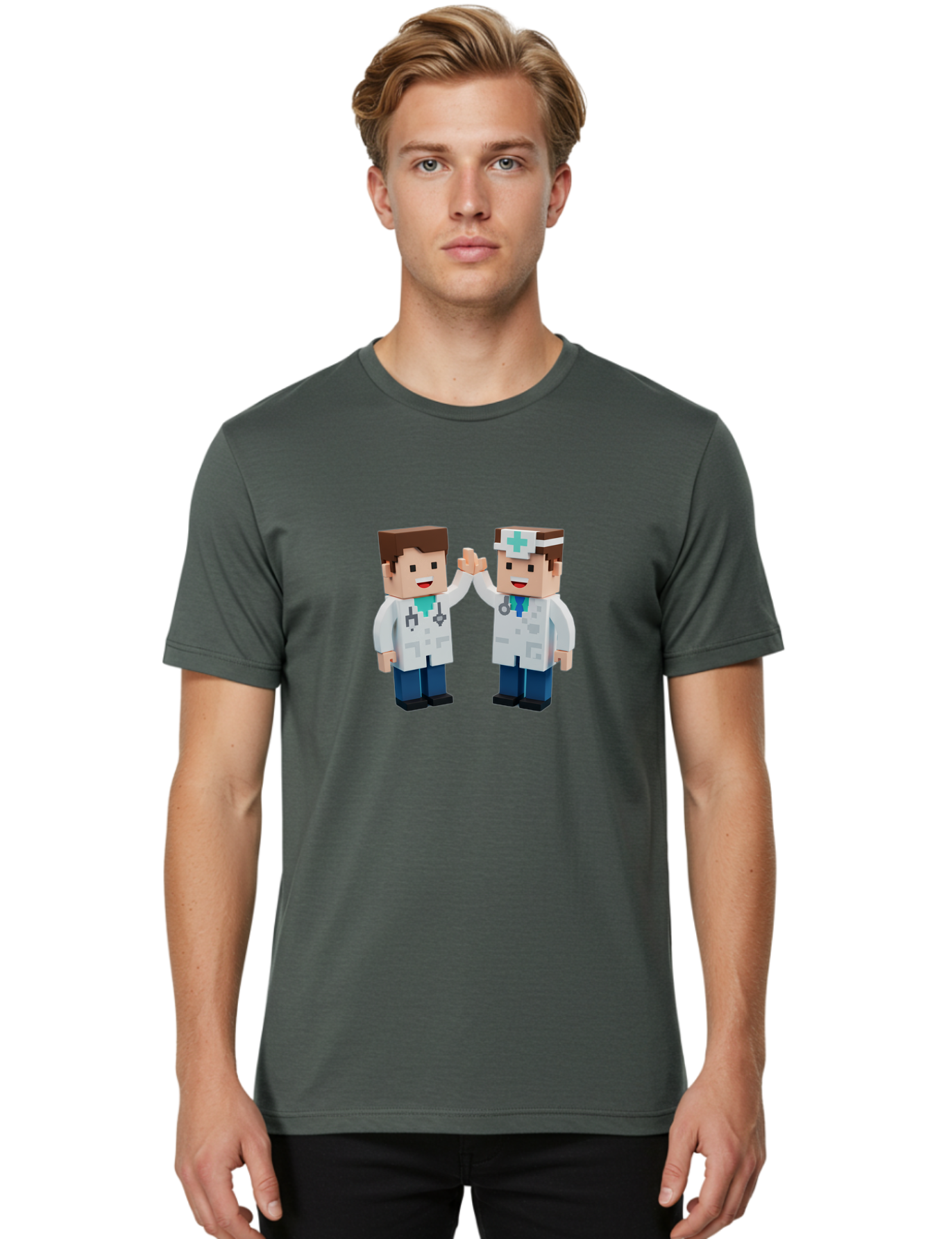 Minecraft-Doctors Men'S Graphic Tee, 100% Cotton, Comfortable Casual Summer Wear, Machine Washable, Minecraft Characters, Doctors, High Fiving, Healthcare Professionals, Medical Team, Pixel Art, Video Game Characters, Teamwork, Bab009