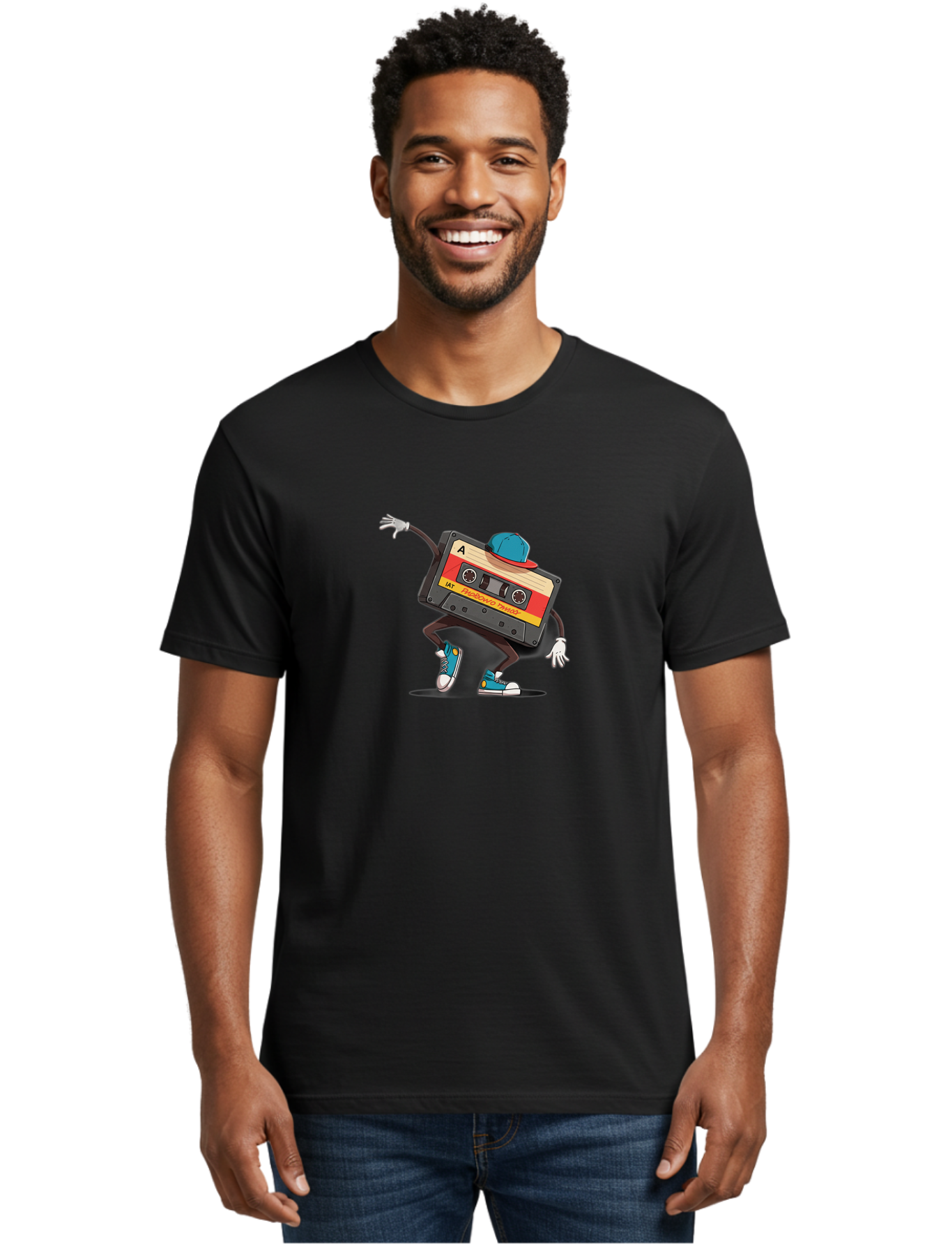 Mix-Cassette Men'S Graphic Tee, 100% Cotton, Comfortable Casual Summer Wear, Machine Washable, Cartoon Cassette Tape, Mixtape Character, Dancing Music, Retro Vibe, Vintage Style, Cool Hat, Sneakers, Fun Illustration, Music Lover, Bab013