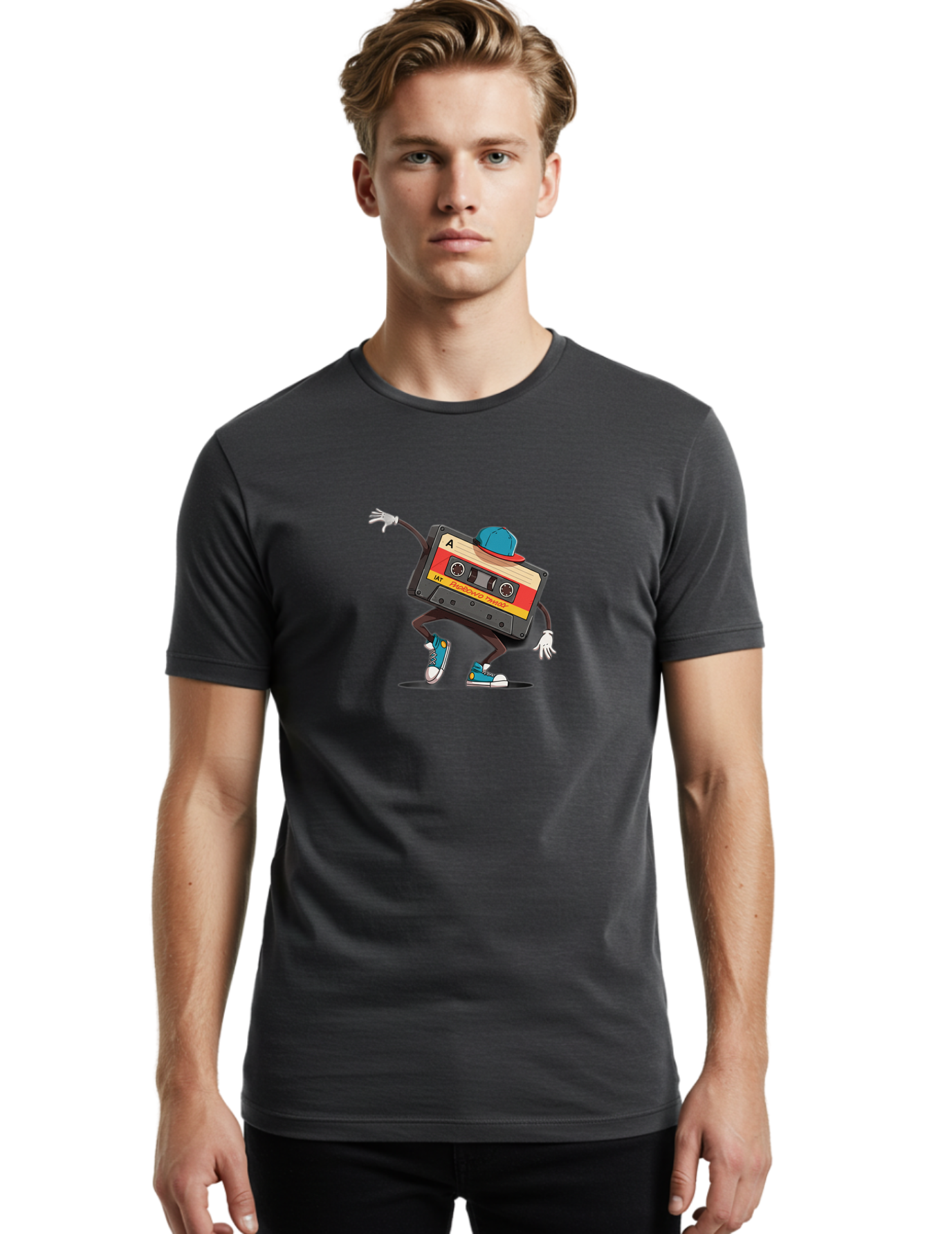 Mix-Cassette Men'S Graphic Tee, 100% Cotton, Comfortable Casual Summer Wear, Machine Washable, Cartoon Cassette Tape, Mixtape Character, Dancing Music, Retro Vibe, Vintage Style, Cool Hat, Sneakers, Fun Illustration, Music Lover, Bab013