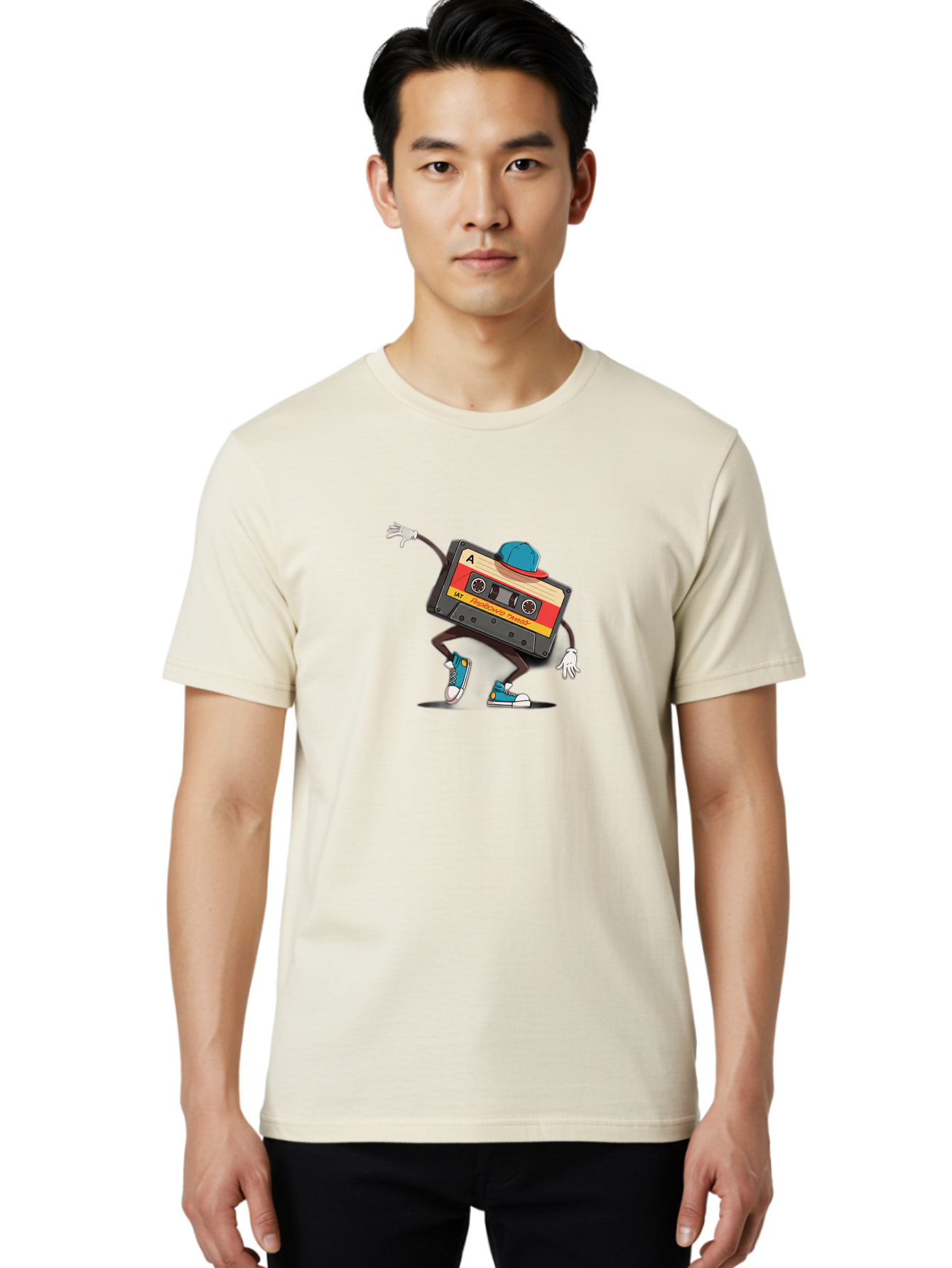 Mix-Cassette Men'S Graphic Tee, 100% Cotton, Comfortable Casual Summer Wear, Machine Washable, Cartoon Cassette Tape, Mixtape Character, Dancing Music, Retro Vibe, Vintage Style, Cool Hat, Sneakers, Fun Illustration, Music Lover, Bab013
