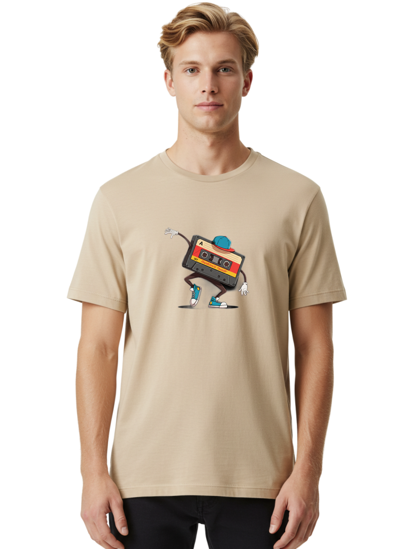 Mix-Cassette Men'S Graphic Tee, 100% Cotton, Comfortable Casual Summer Wear, Machine Washable, Cartoon Cassette Tape, Mixtape Character, Dancing Music, Retro Vibe, Vintage Style, Cool Hat, Sneakers, Fun Illustration, Music Lover, Bab013