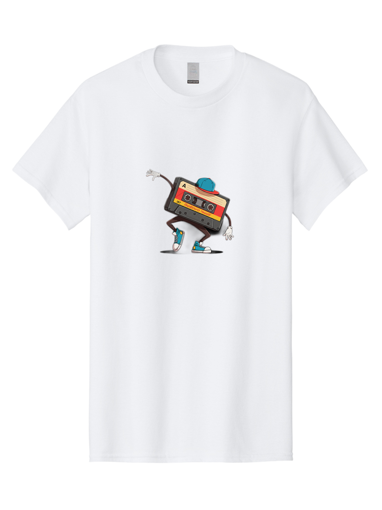 Mix-Cassette Men'S Graphic Tee, 100% Cotton, Comfortable Casual Summer Wear, Machine Washable, Cartoon Cassette Tape, Mixtape Character, Dancing Music, Retro Vibe, Vintage Style, Cool Hat, Sneakers, Fun Illustration, Music Lover, Bab013