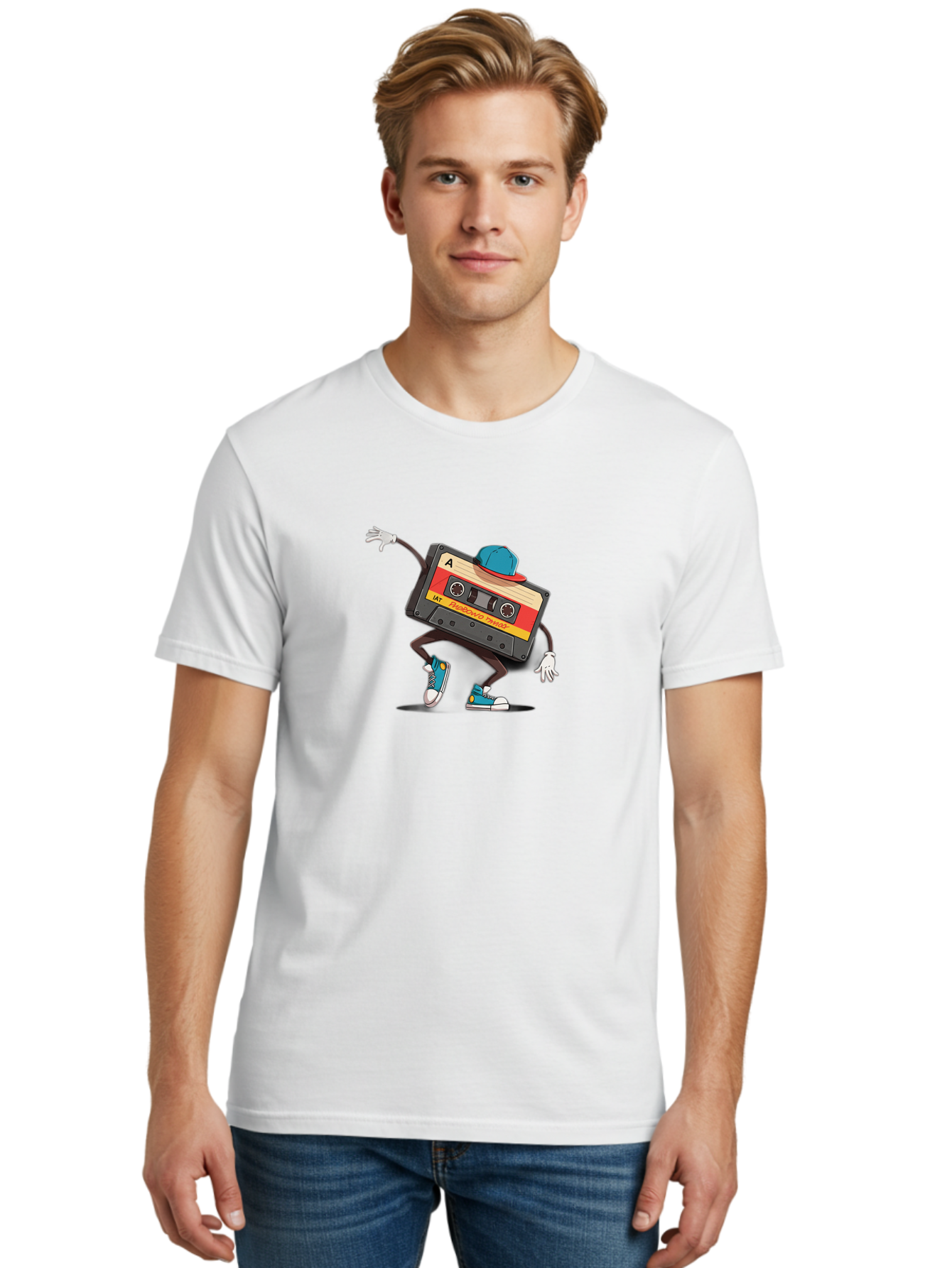 Mix-Cassette Men'S Graphic Tee, 100% Cotton, Comfortable Casual Summer Wear, Machine Washable, Cartoon Cassette Tape, Mixtape Character, Dancing Music, Retro Vibe, Vintage Style, Cool Hat, Sneakers, Fun Illustration, Music Lover, Bab013
