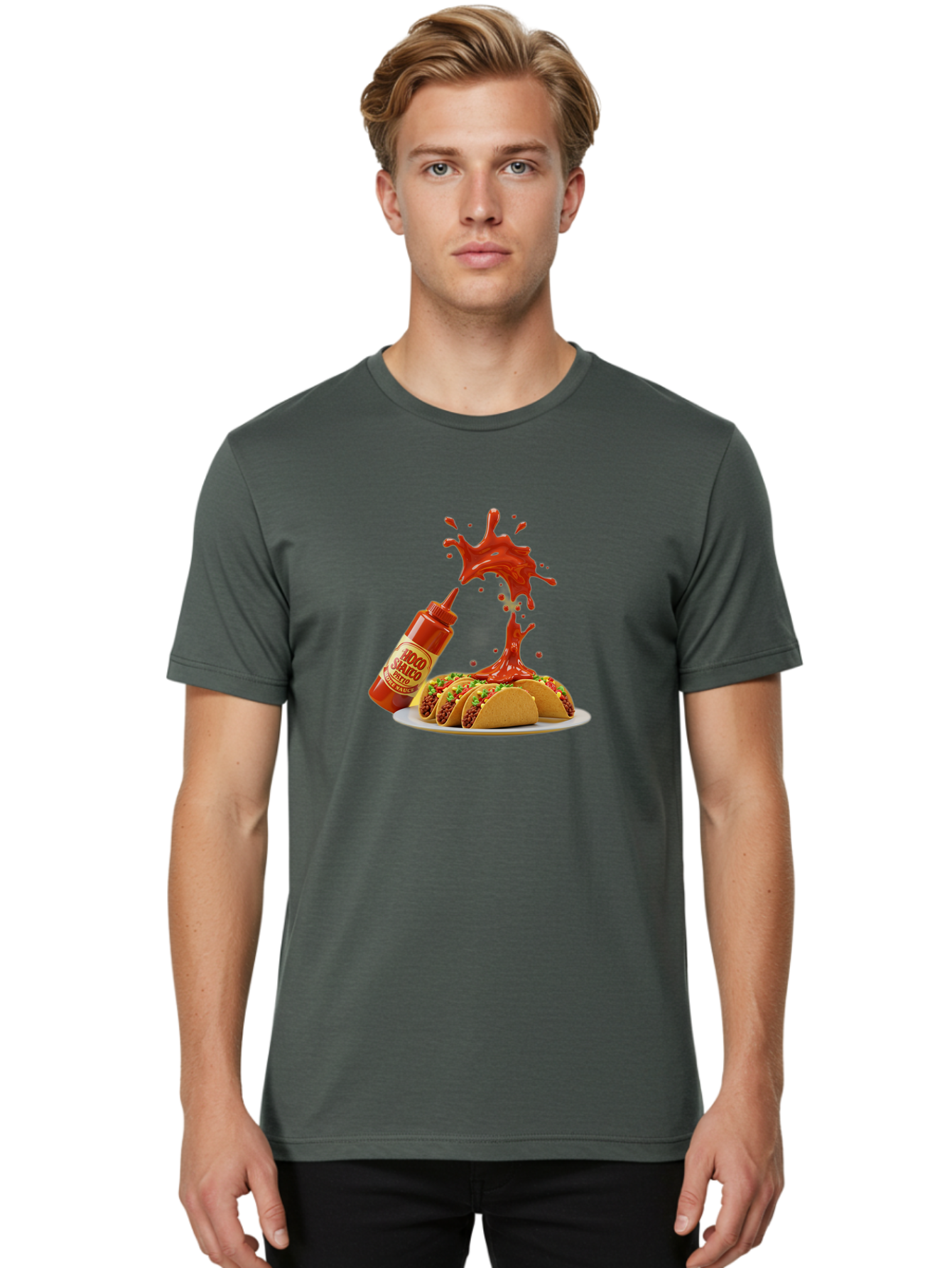 Mojo-Salsa Men'S Graphic Tee, 100% Cotton, Comfortable Casual Summer Wear, Machine Washable, Mad Dog Inferno Sauce, Hot Sauce, Spicy Food, Tacos, Taco Tuesday, Mexican Cuisine, Condiment, Red Sauce, Bold Flavor, Saucy Splatter, Foodie Bab015
