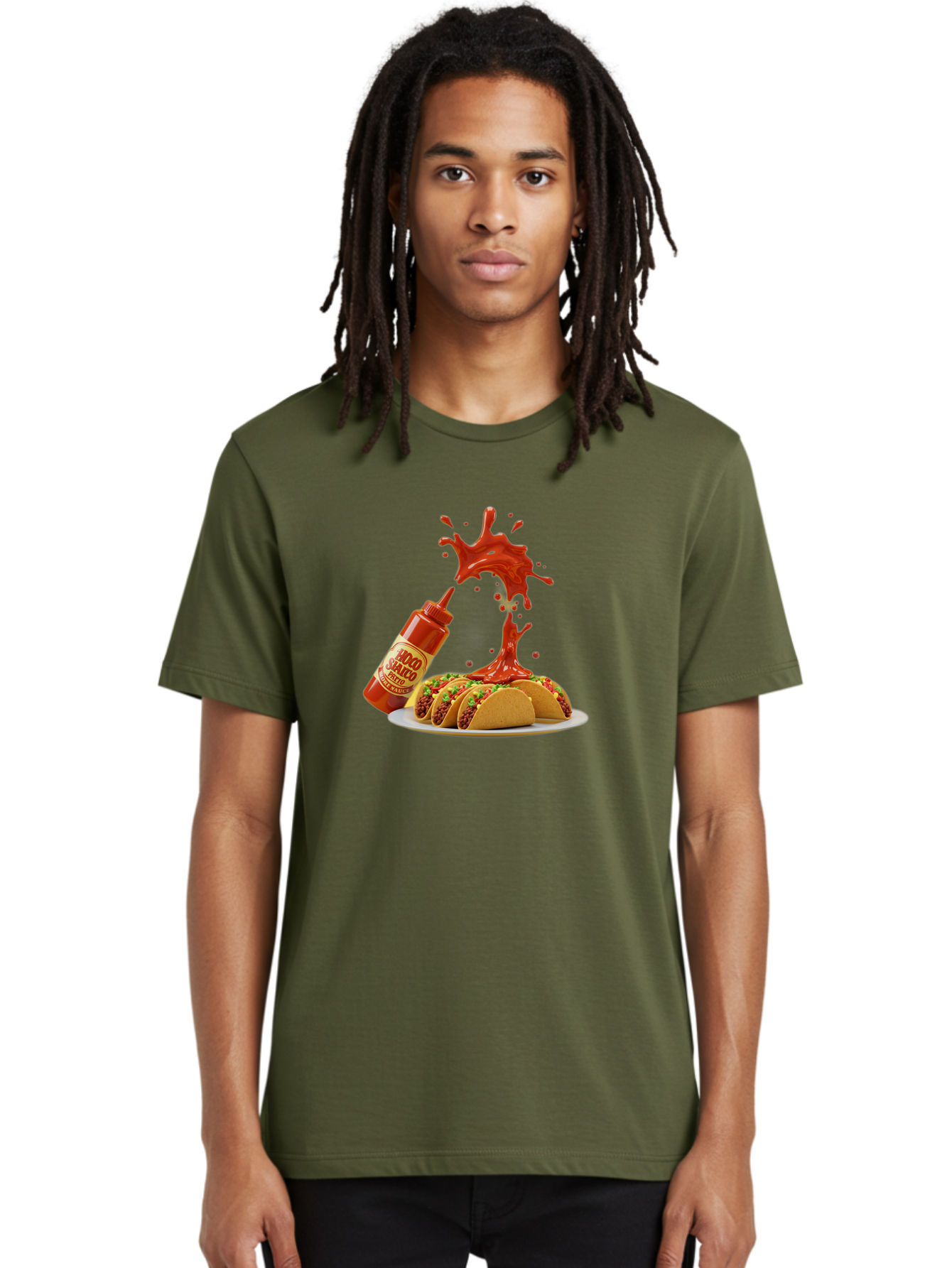 Mojo-Salsa Men'S Graphic Tee, 100% Cotton, Comfortable Casual Summer Wear, Machine Washable, Mad Dog Inferno Sauce, Hot Sauce, Spicy Food, Tacos, Taco Tuesday, Mexican Cuisine, Condiment, Red Sauce, Bold Flavor, Saucy Splatter, Foodie Bab015