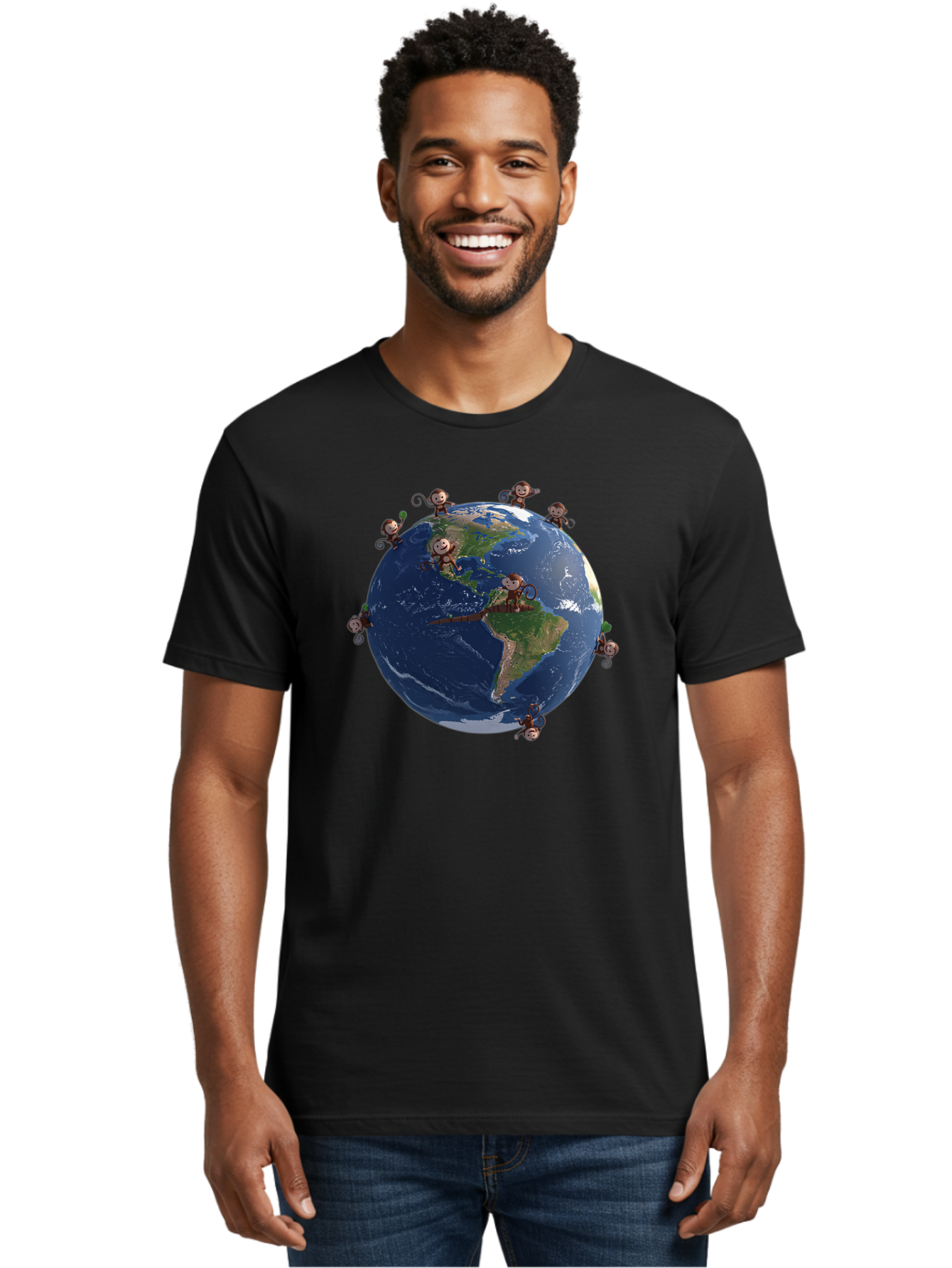Monkeys-Around-The-World Men'S Graphic Tee, 100% Cotton, Comfortable Casual Summer Wear, Machine Washable, Monkeys On The Globe, Playful Primates, World Map, International Fun, Cartoon Characters, Global Unity, Amusing Scene, Monkey Business Bab017