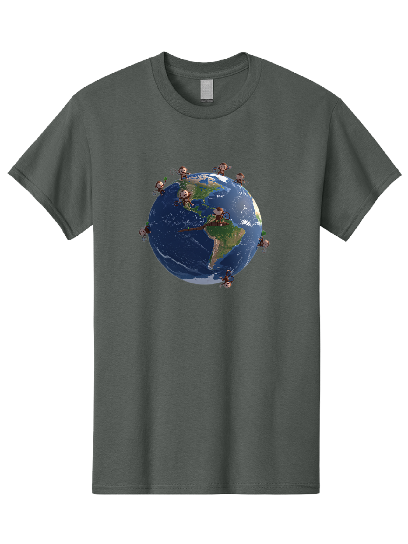 Monkeys-Around-The-World Men'S Graphic Tee, 100% Cotton, Comfortable Casual Summer Wear, Machine Washable, Monkeys On The Globe, Playful Primates, World Map, International Fun, Cartoon Characters, Global Unity, Amusing Scene, Monkey Business Bab017