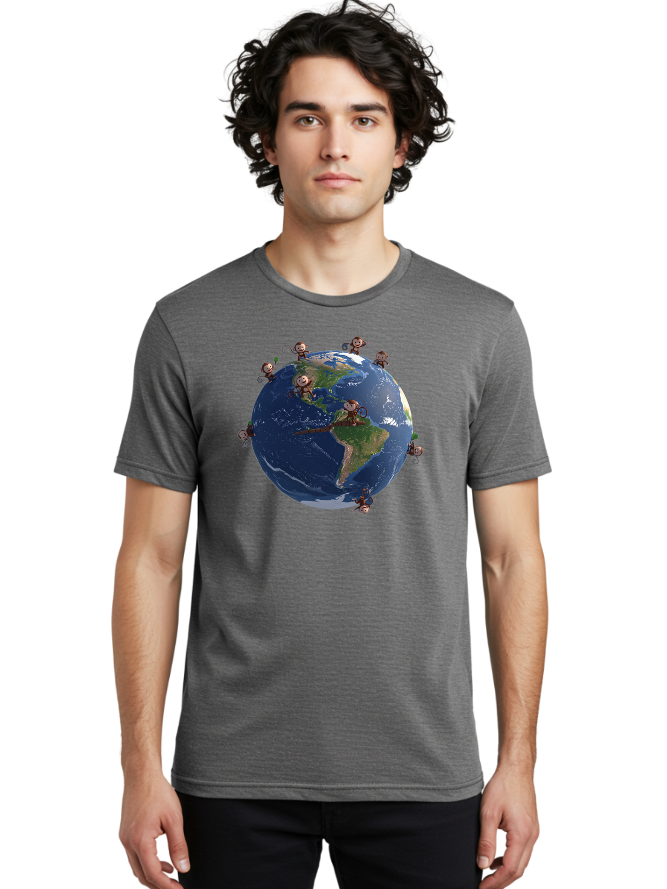 Monkeys-Around-The-World Men'S Graphic Tee, 100% Cotton, Comfortable Casual Summer Wear, Machine Washable, Monkeys On The Globe, Playful Primates, World Map, International Fun, Cartoon Characters, Global Unity, Amusing Scene, Monkey Business Bab017