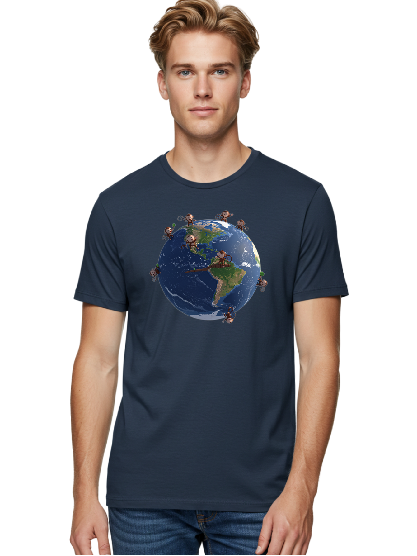 Monkeys-Around-The-World Men'S Graphic Tee, 100% Cotton, Comfortable Casual Summer Wear, Machine Washable, Monkeys On The Globe, Playful Primates, World Map, International Fun, Cartoon Characters, Global Unity, Amusing Scene, Monkey Business Bab017